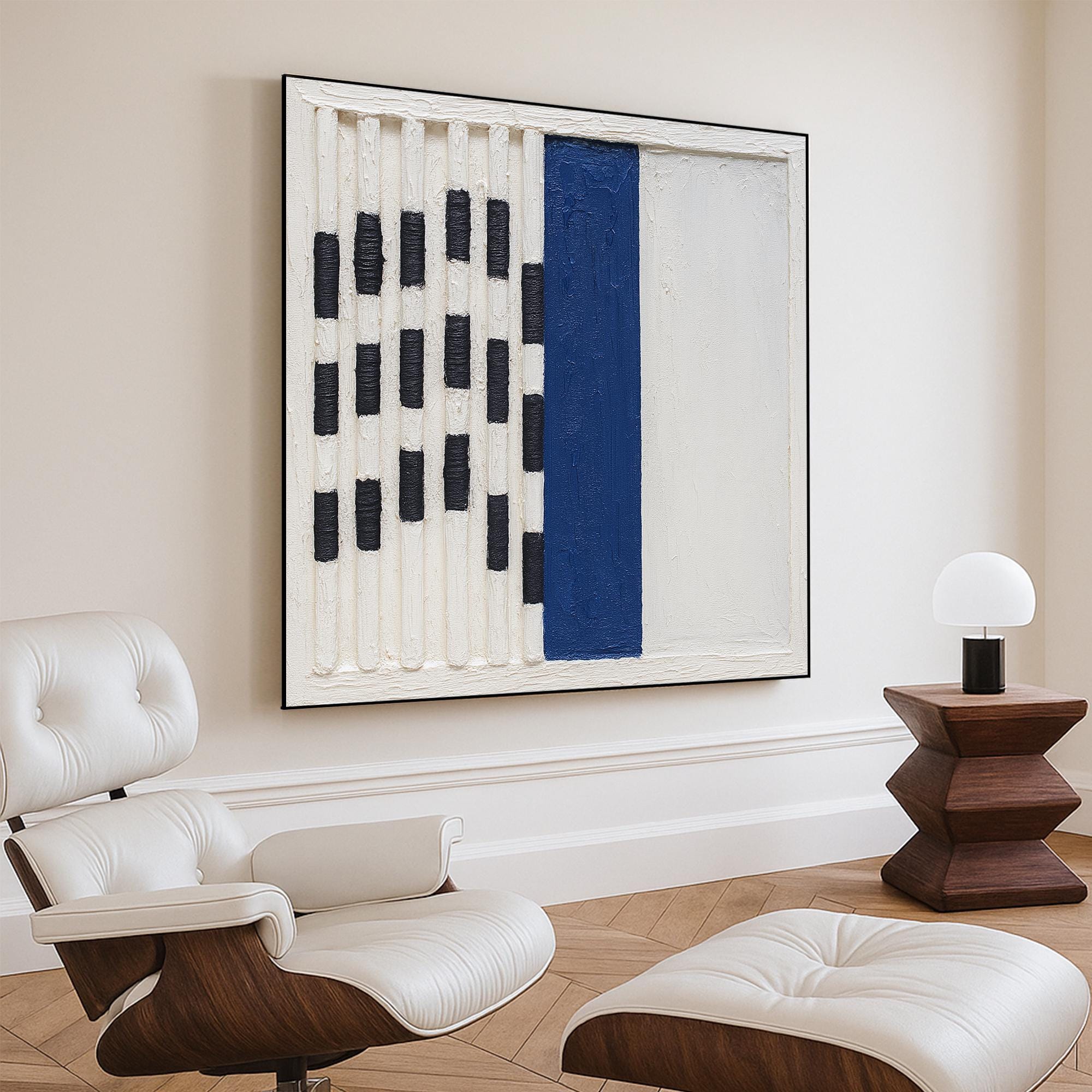 Original Minimal Geometric Abstract Oil Painting Handcrafted Blue Black White Textured Wall Art Modern Linear Canvas for Bold Interior Decor
