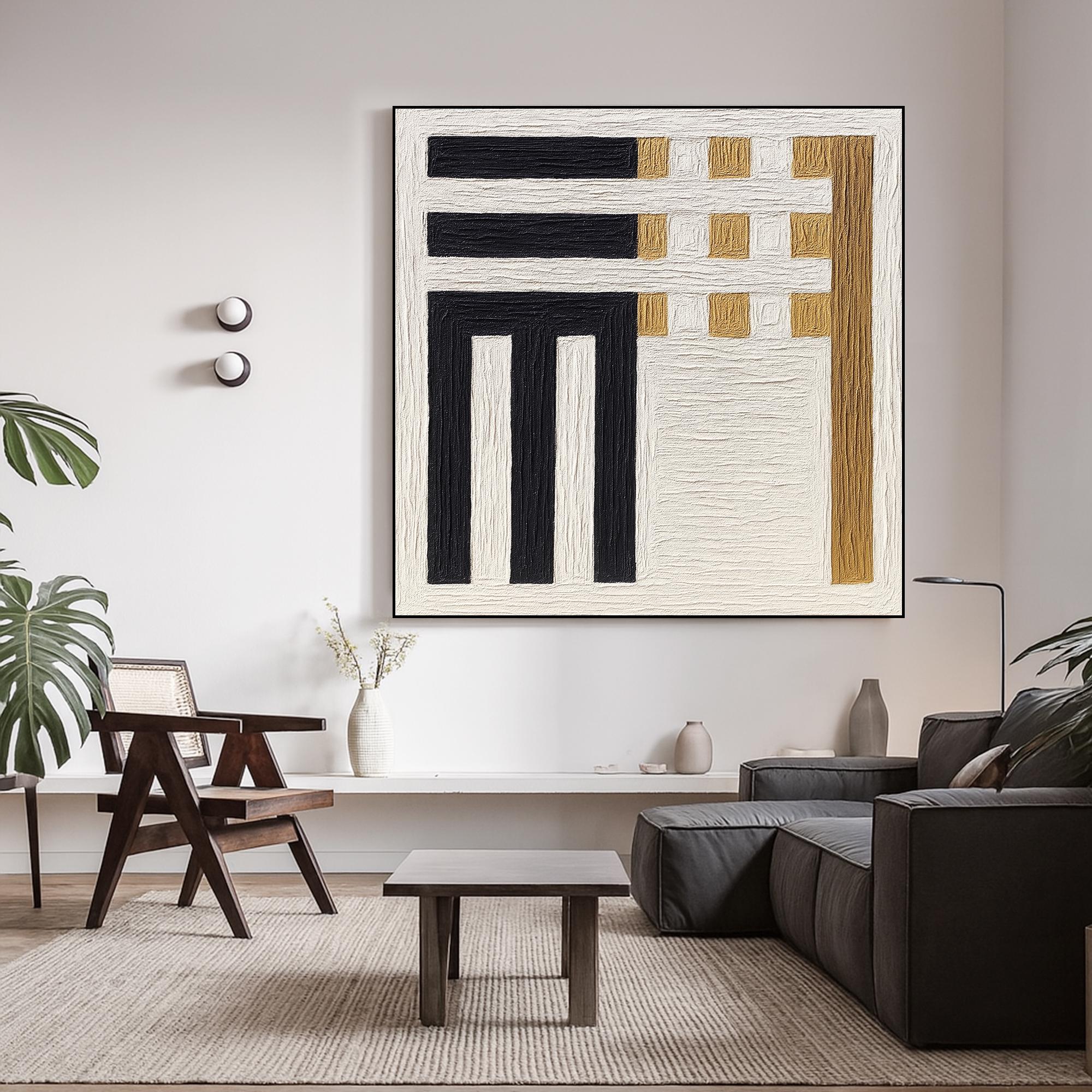 Original Geometric Textured Abstract Oil Painting Black White Gold Minimal Wall Art Handcrafted Modern Canvas for Contemporary Neutral Decor