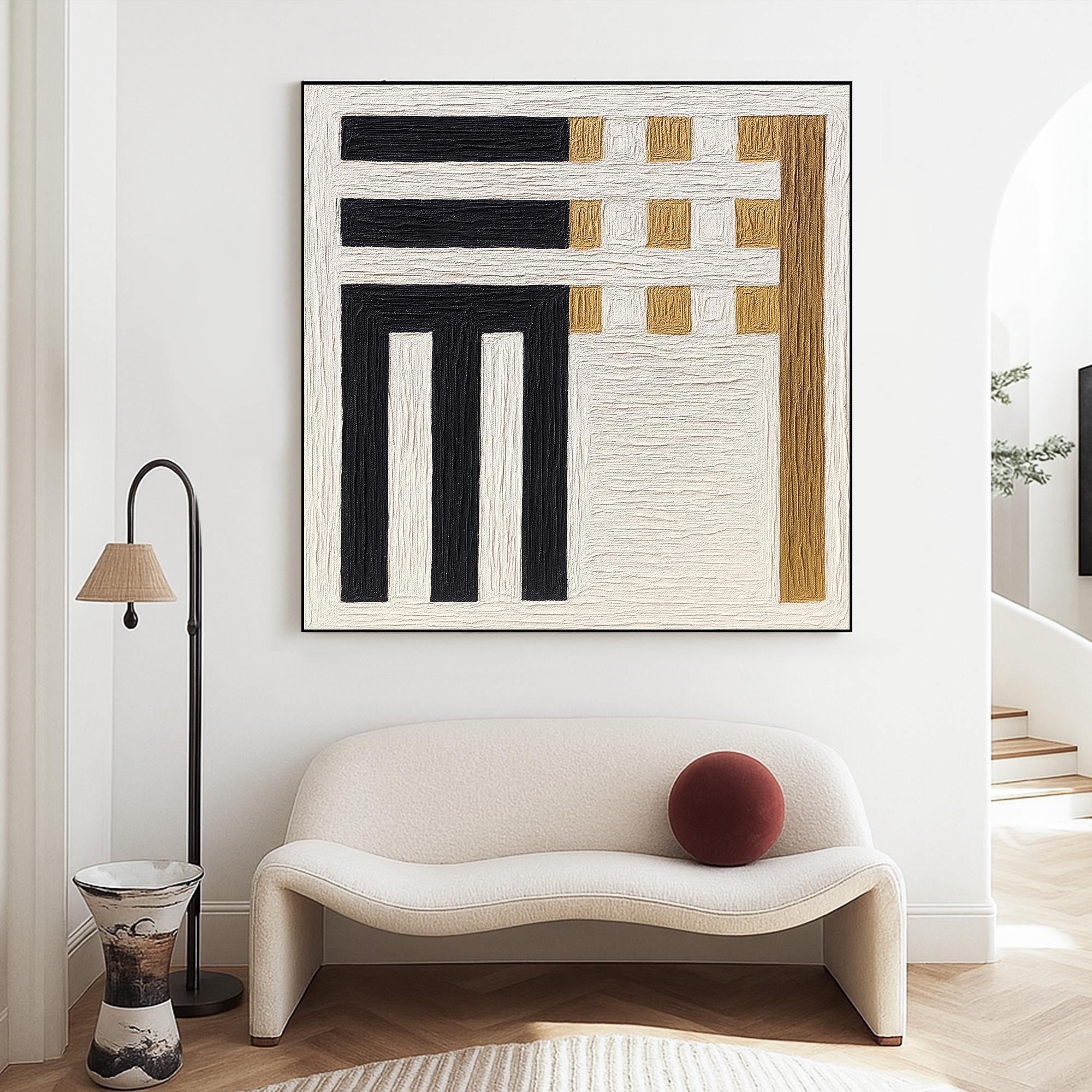 Original Geometric Textured Abstract Oil Painting Black White Gold Minimal Wall Art Handcrafted Modern Canvas for Contemporary Neutral Decor