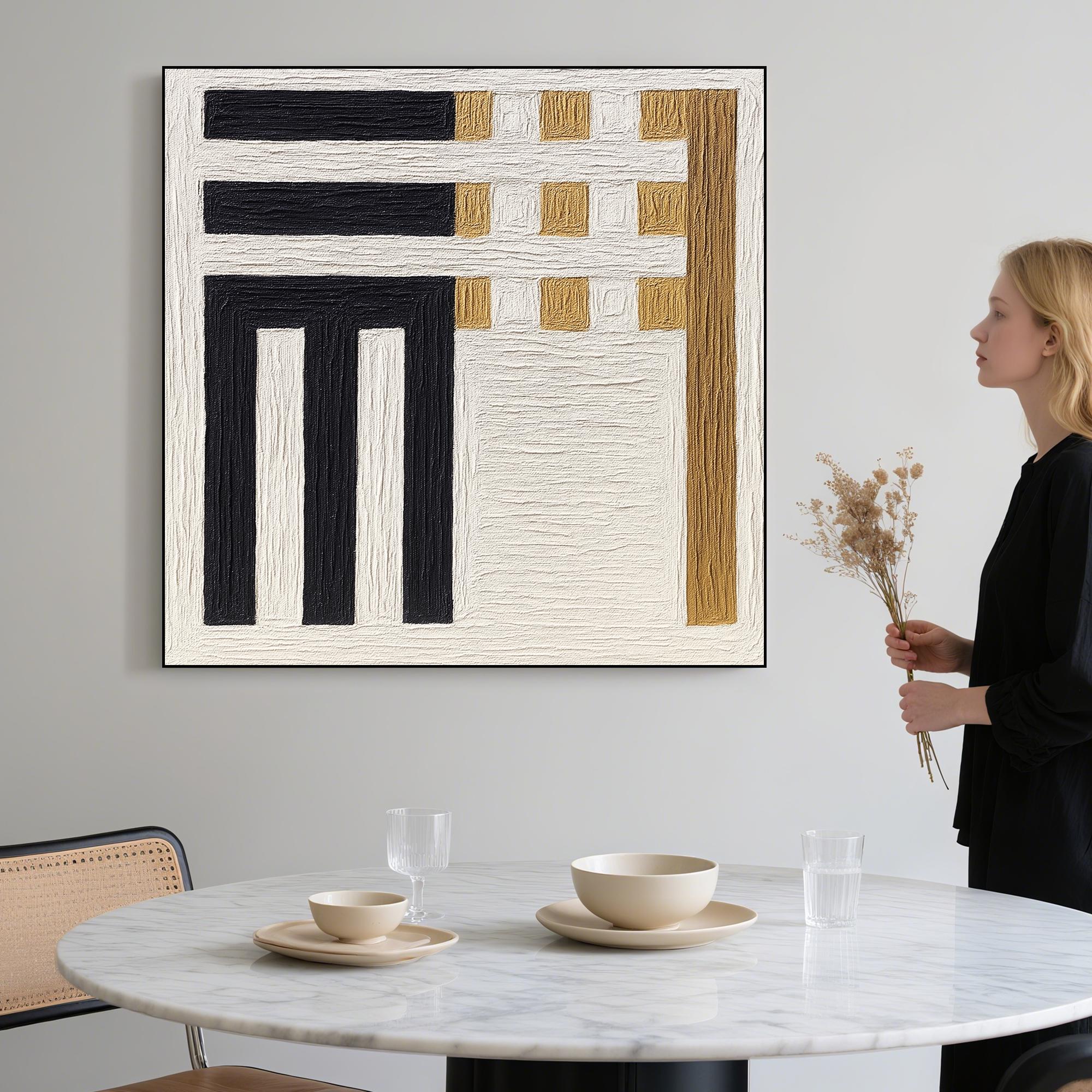 Original Geometric Textured Abstract Oil Painting Black White Gold Minimal Wall Art Handcrafted Modern Canvas for Contemporary Neutral Decor