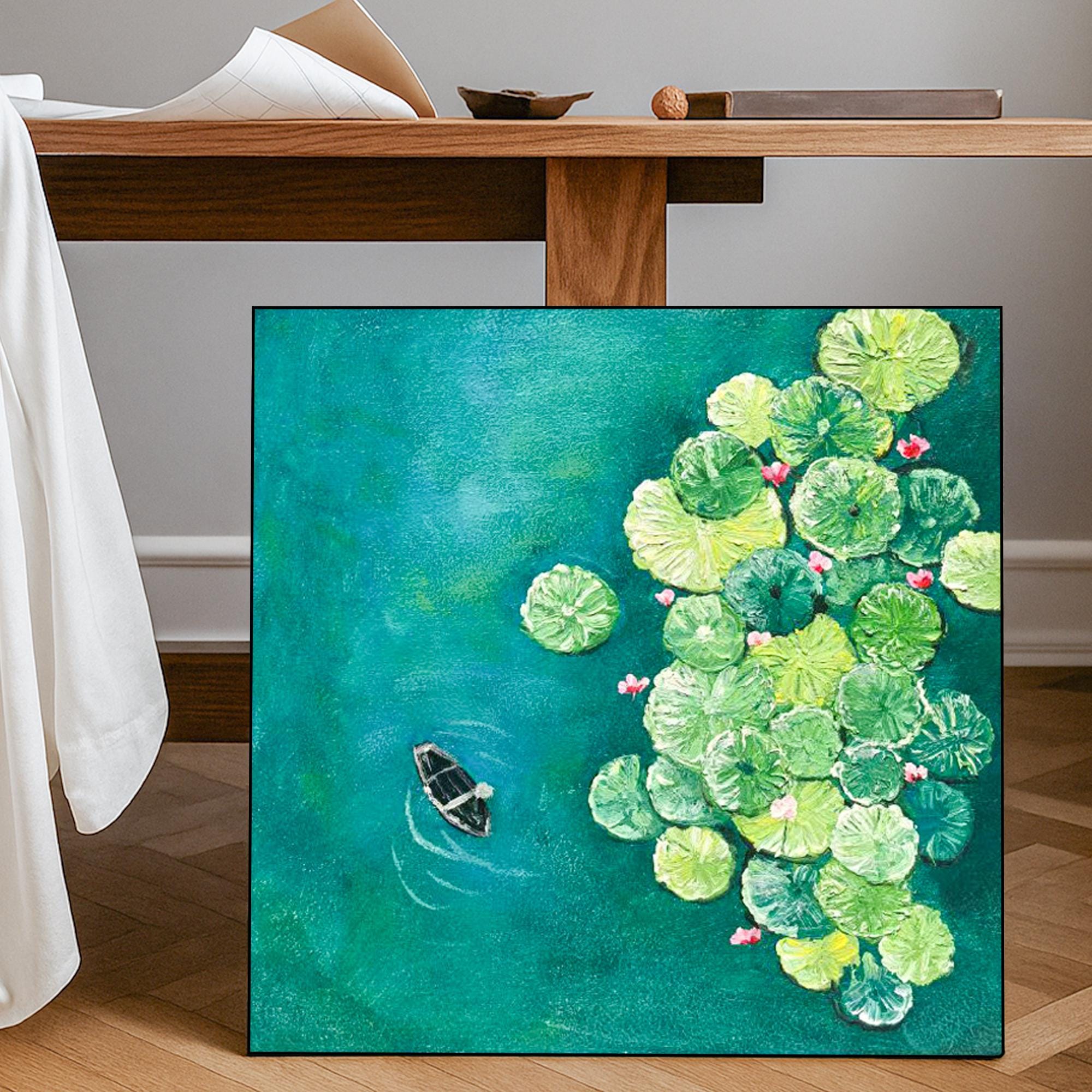 Original Lotus Pond Oil Painting with Boat Hand Painted Textured Green Blue Wall Art Peaceful Water Lily Canvas for Nature Inspired Decor