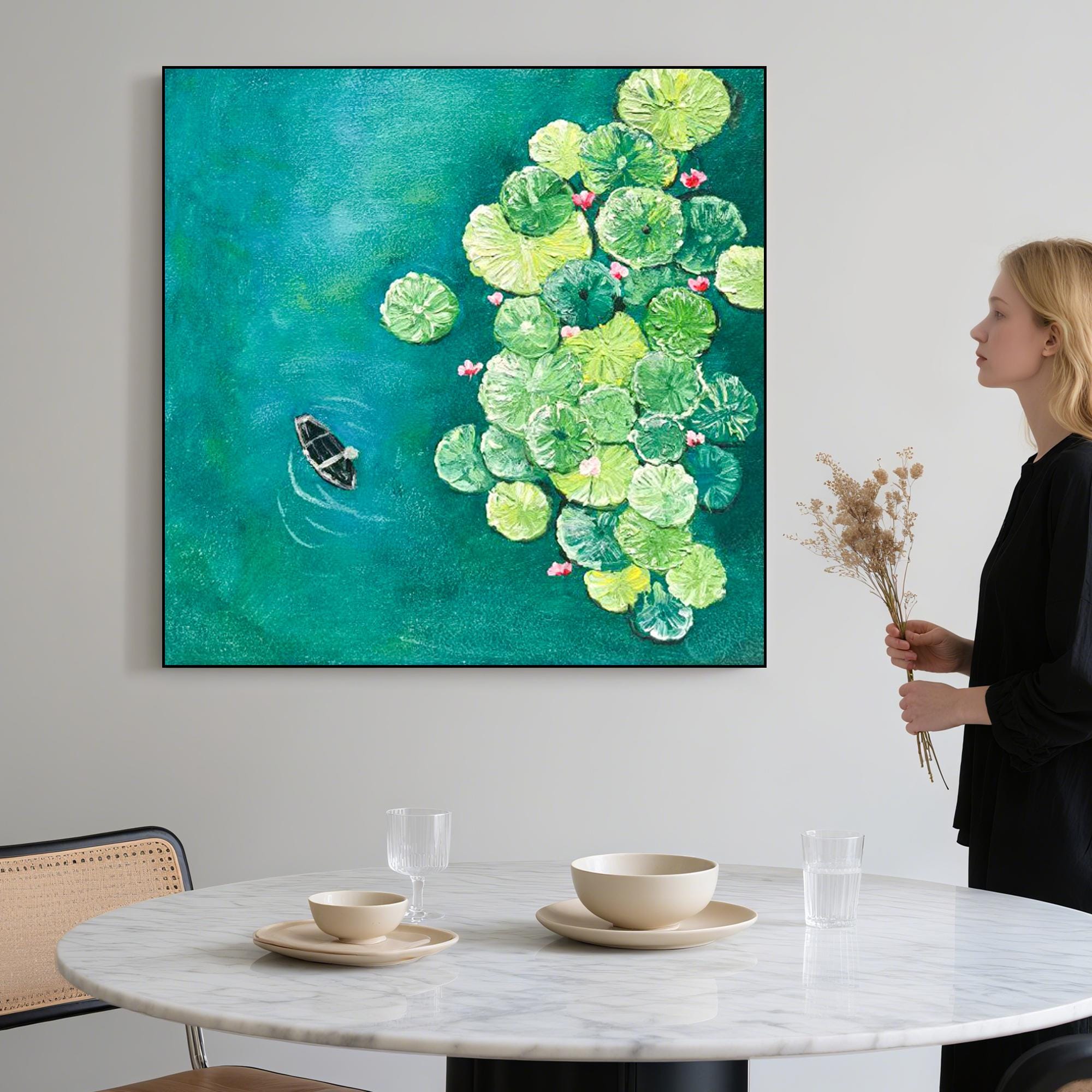 Original Lotus Pond Oil Painting with Boat Hand Painted Textured Green Blue Wall Art Peaceful Water Lily Canvas for Nature Inspired Decor