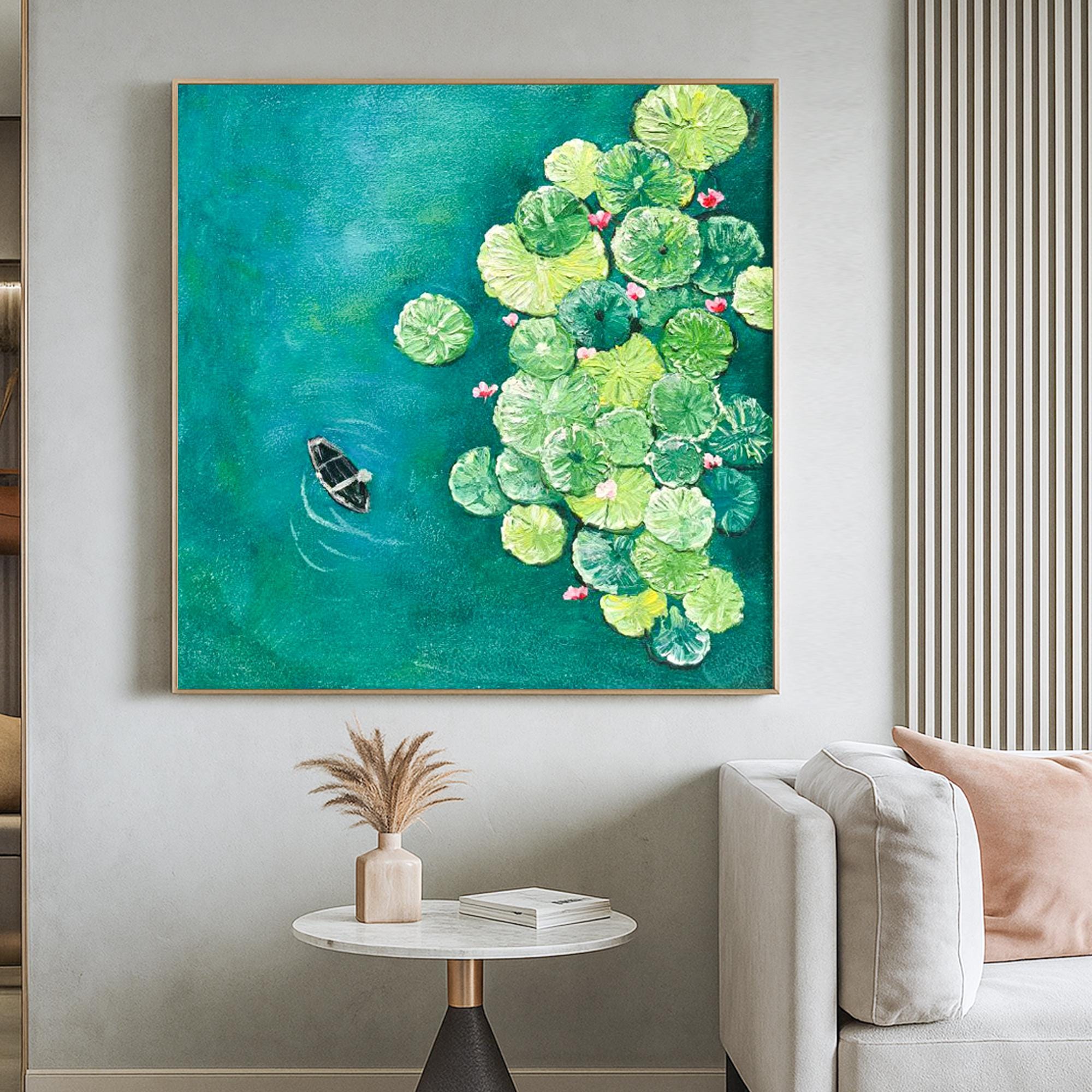Original Lotus Pond Oil Painting with Boat Hand Painted Textured Green Blue Wall Art Peaceful Water Lily Canvas for Nature Inspired Decor