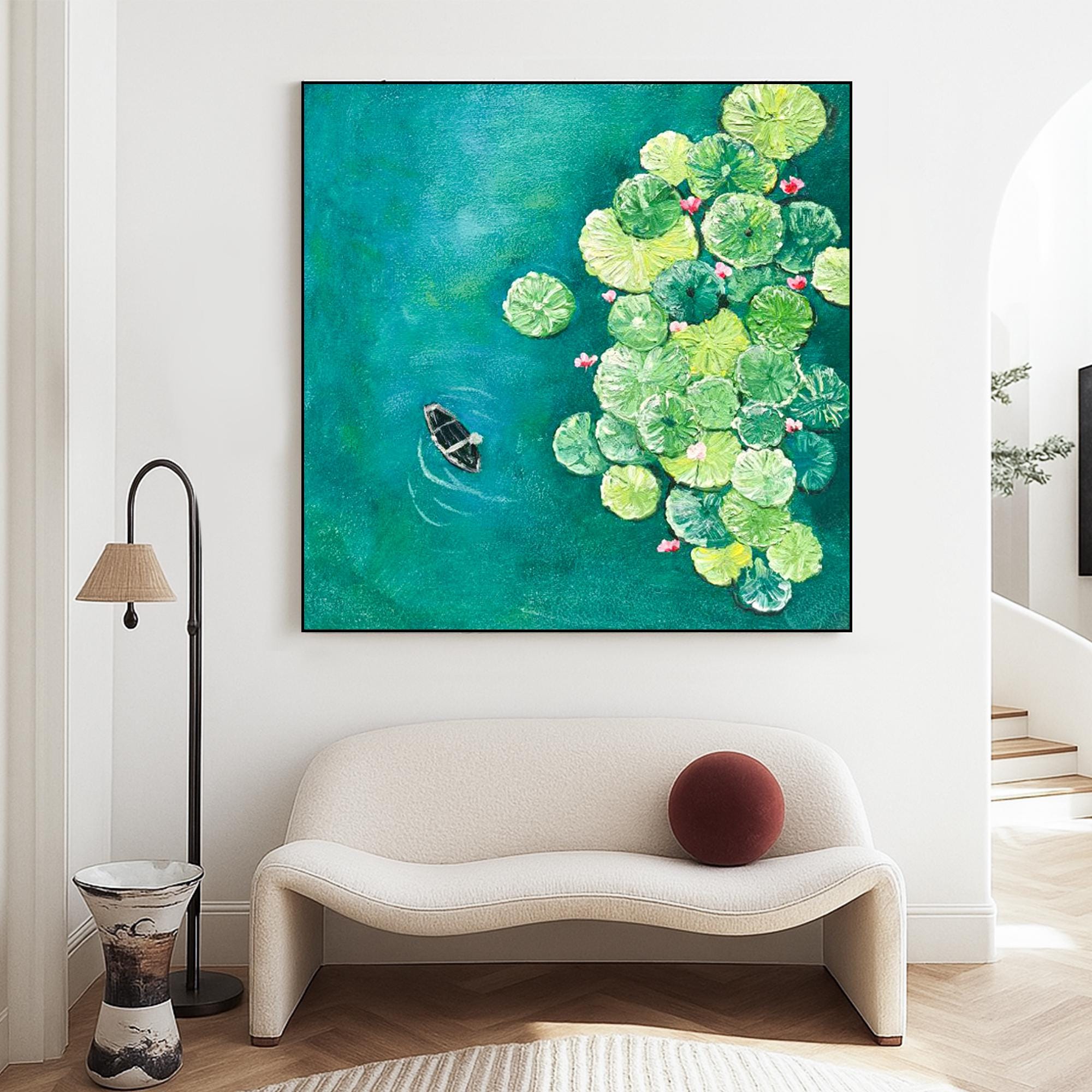 Original Lotus Pond Oil Painting with Boat Hand Painted Textured Green Blue Wall Art Peaceful Water Lily Canvas for Nature Inspired Decor