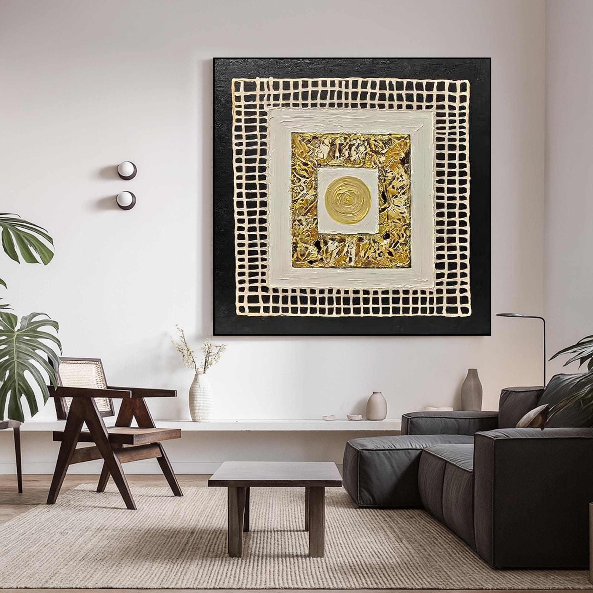 Original Gold Black Textured Abstract Oil Painting Handcrafted Metallic Geometric Wall Art Square Relief Canvas for Luxe Modern Interiors