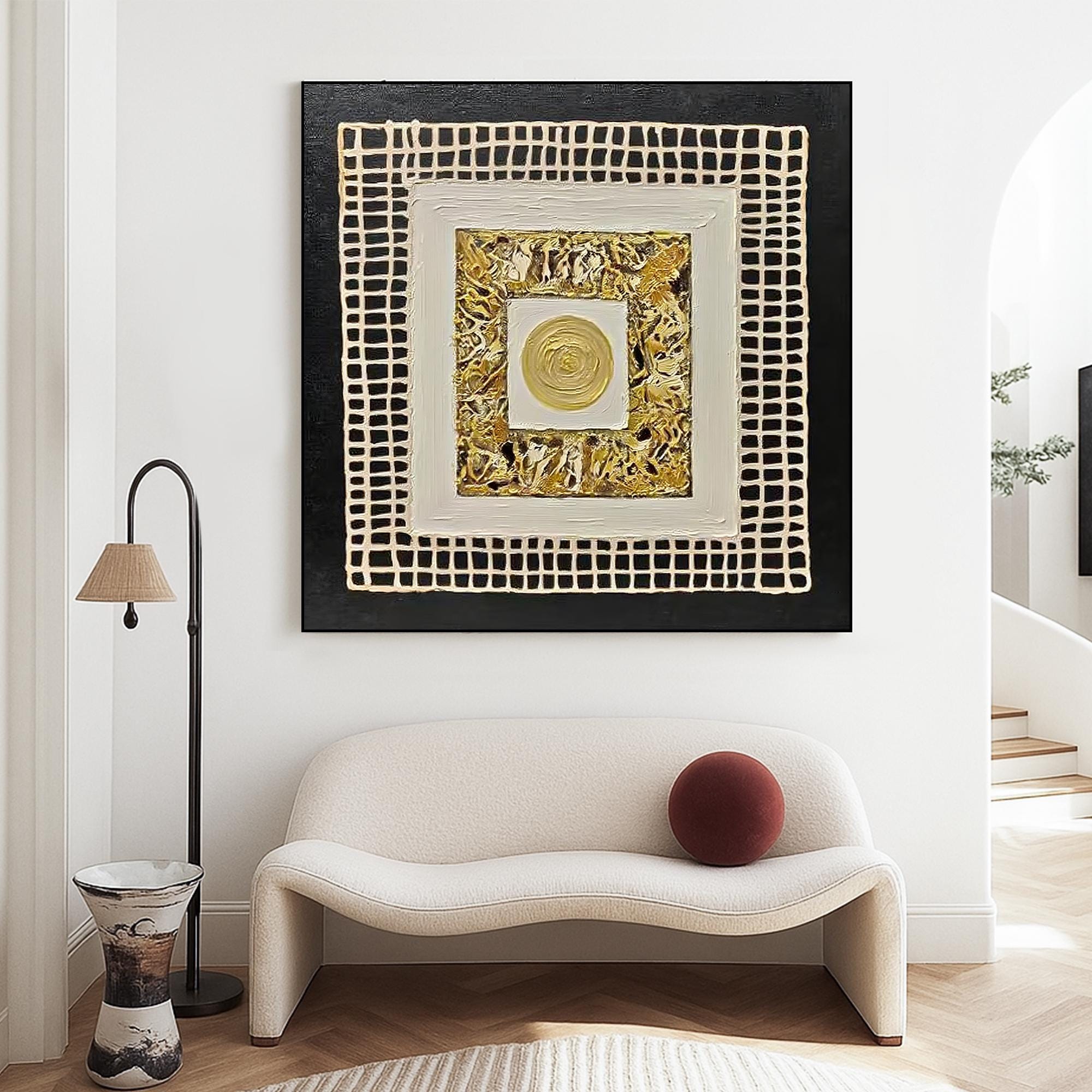 Original Gold Black Textured Abstract Oil Painting Handcrafted Metallic Geometric Wall Art Square Relief Canvas for Luxe Modern Interiors
