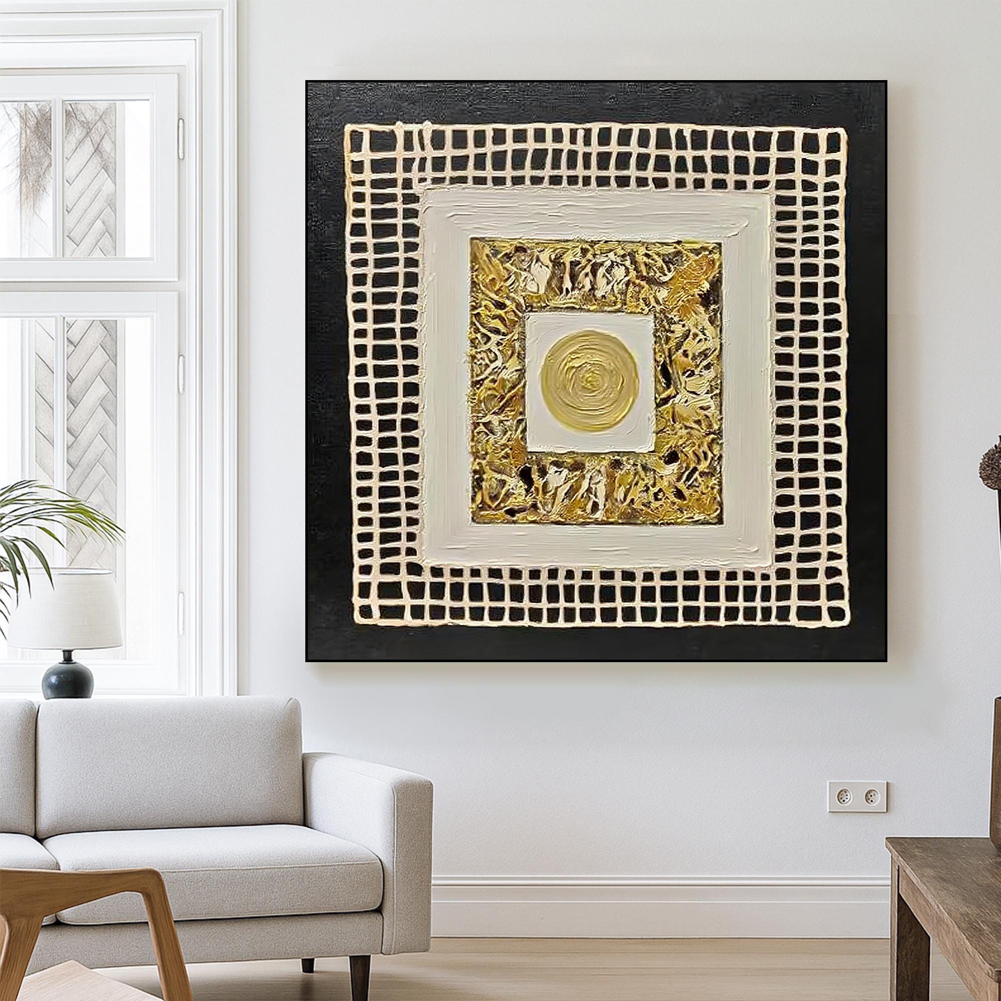 Original Gold Black Textured Abstract Oil Painting Handcrafted Metallic Geometric Wall Art Square Relief Canvas for Luxe Modern Interiors