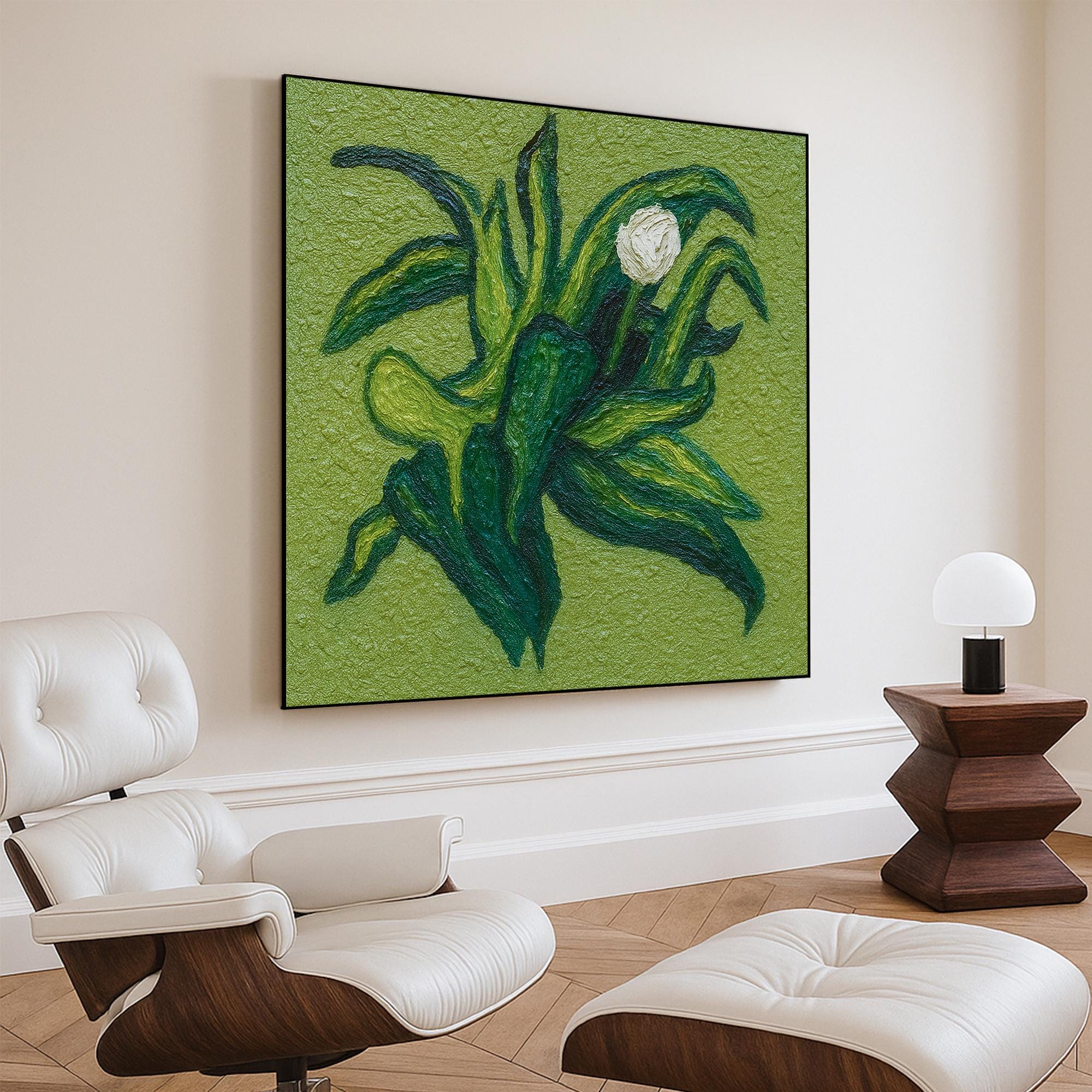 Original Green Botanical Textured Oil Painting Handcrafted Abstract Leaf and Bud Wall ArtNature Inspired Relief Canvas for Organic Interiors