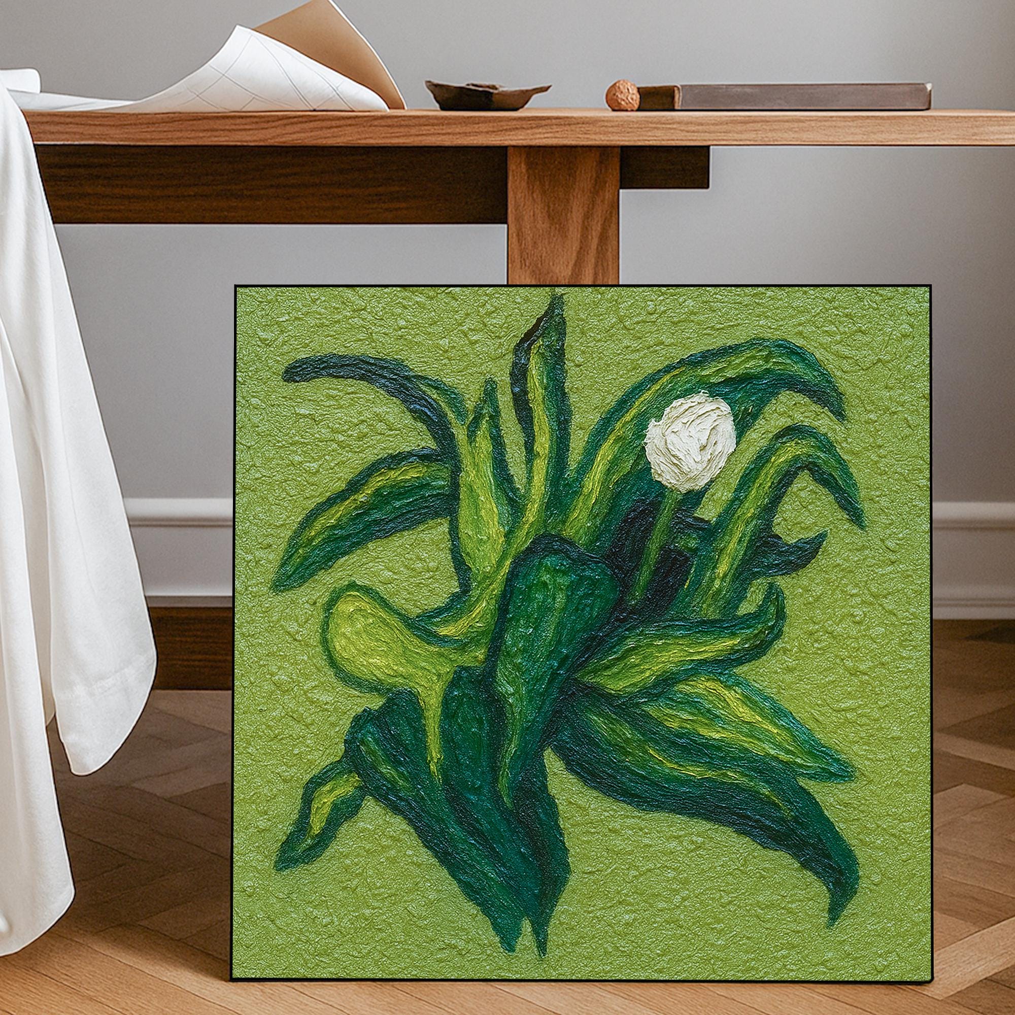 Original Green Botanical Textured Oil Painting Handcrafted Abstract Leaf and Bud Wall ArtNature Inspired Relief Canvas for Organic Interiors