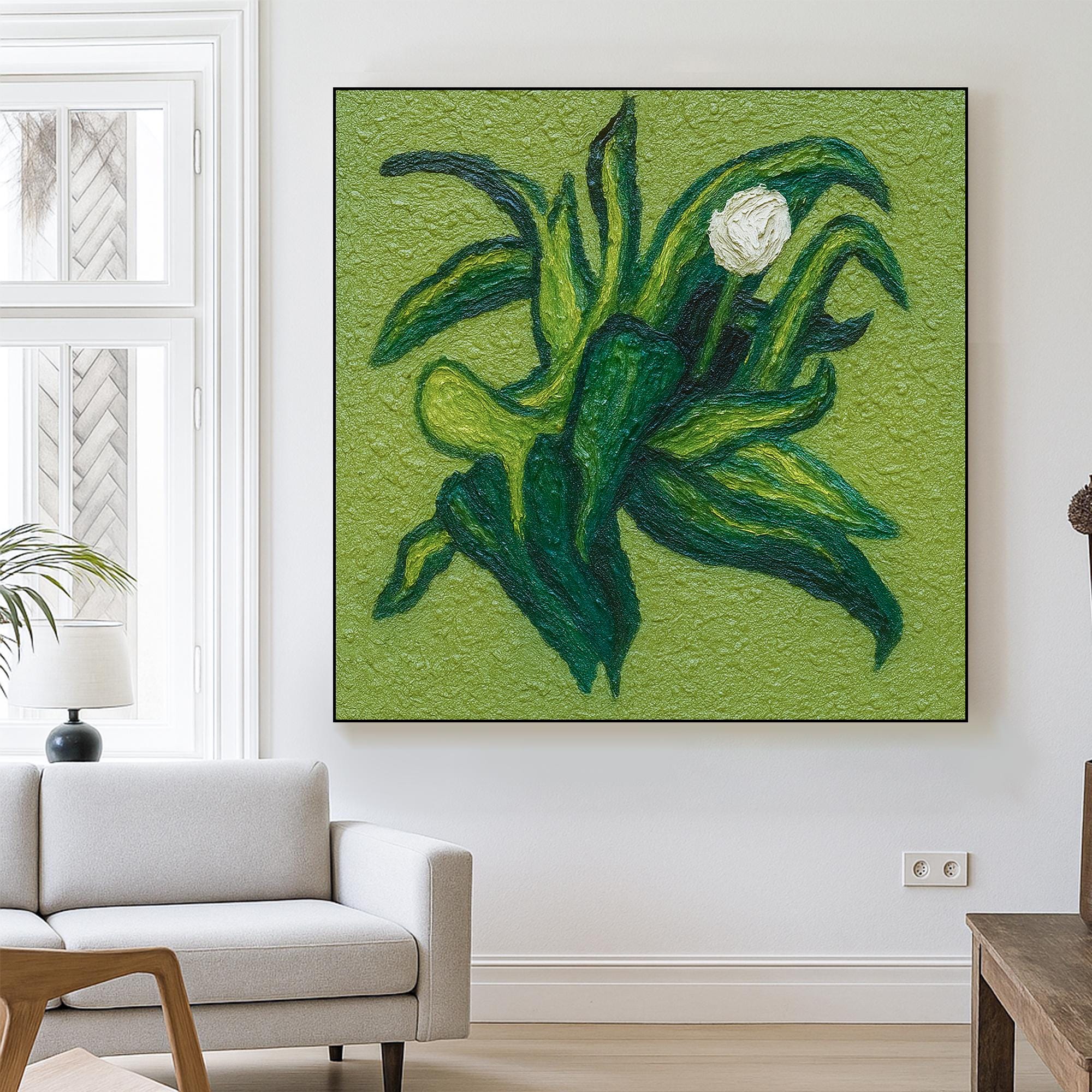 Original Green Botanical Textured Oil Painting Handcrafted Abstract Leaf and Bud Wall ArtNature Inspired Relief Canvas for Organic Interiors