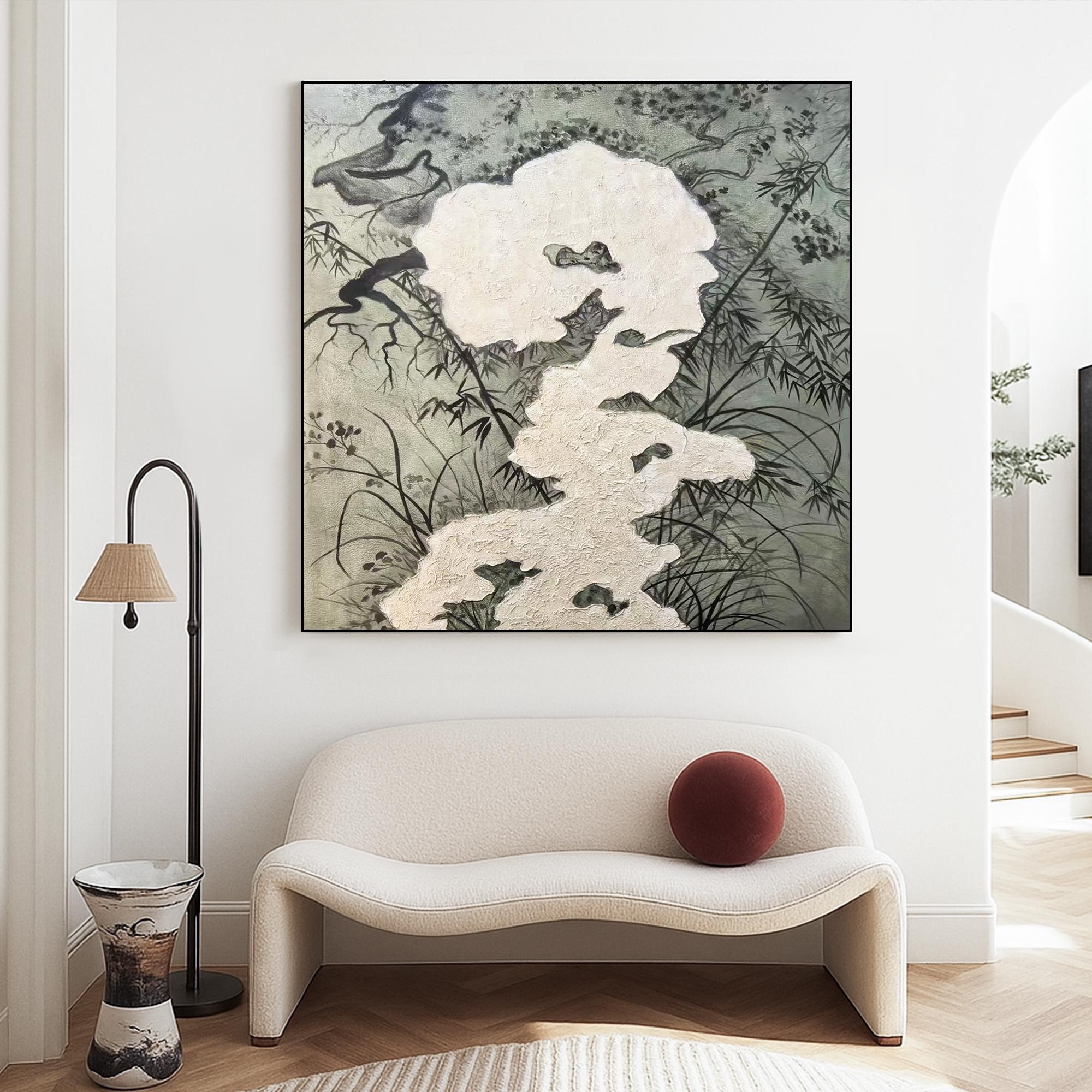 Zen Ink Style Textured Oil Painting Handcrafted Minimal Landscape Canvas Art Wabi Sabi Botanical Wall Decor with Natural Relief Detail