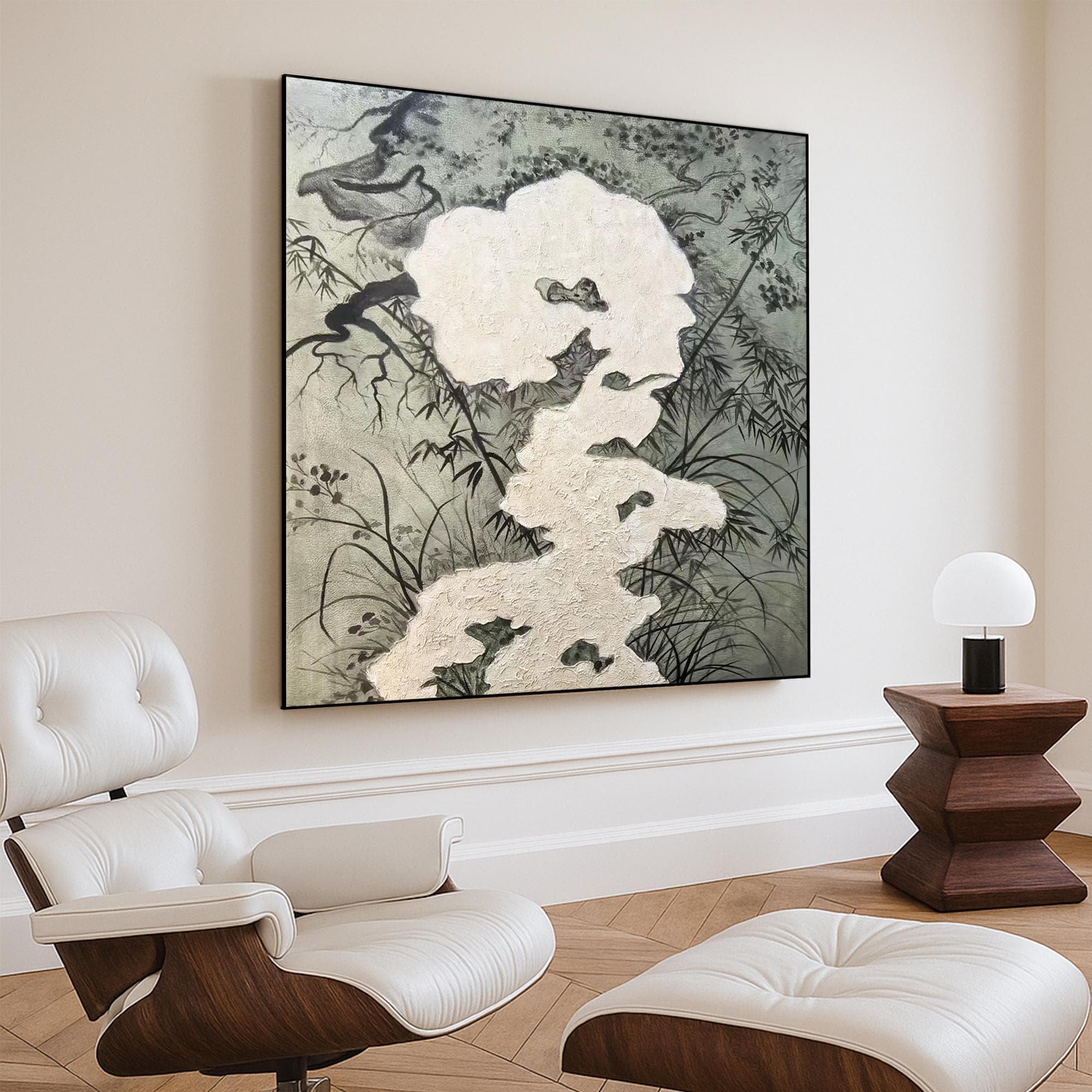 Zen Ink Style Textured Oil Painting Handcrafted Minimal Landscape Canvas Art Wabi Sabi Botanical Wall Decor with Natural Relief Detail