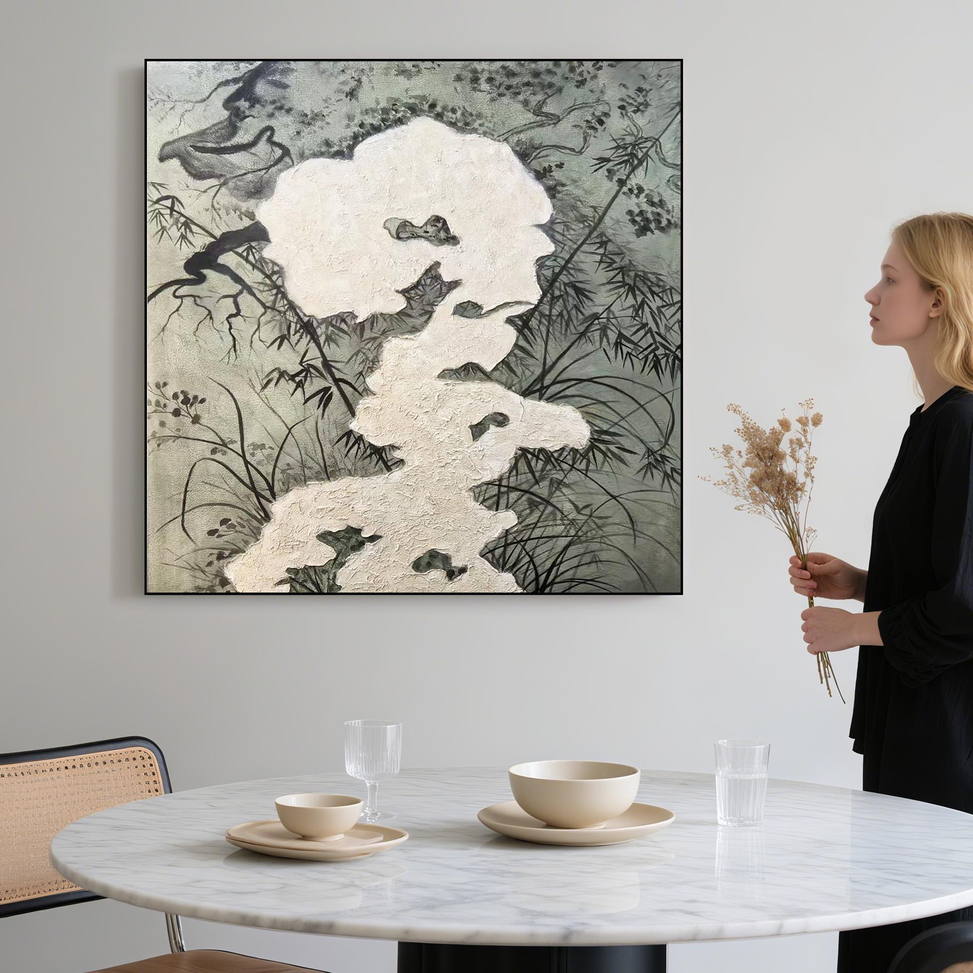 Zen Ink Style Textured Oil Painting Handcrafted Minimal Landscape Canvas Art Wabi Sabi Botanical Wall Decor with Natural Relief Detail