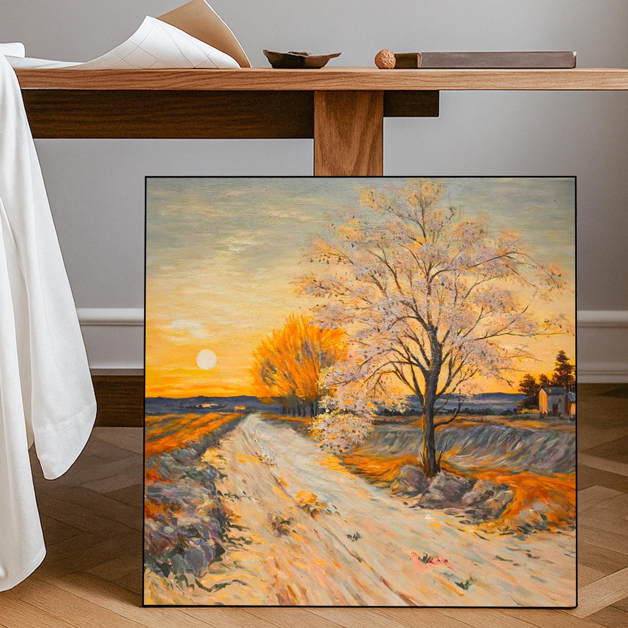 Original Sunset Landscape Oil Painting Hand Painted Golden Tree Road Scene Wall Art Warm Autumn Path Canvas for Rustic Nature Inspired Decor
