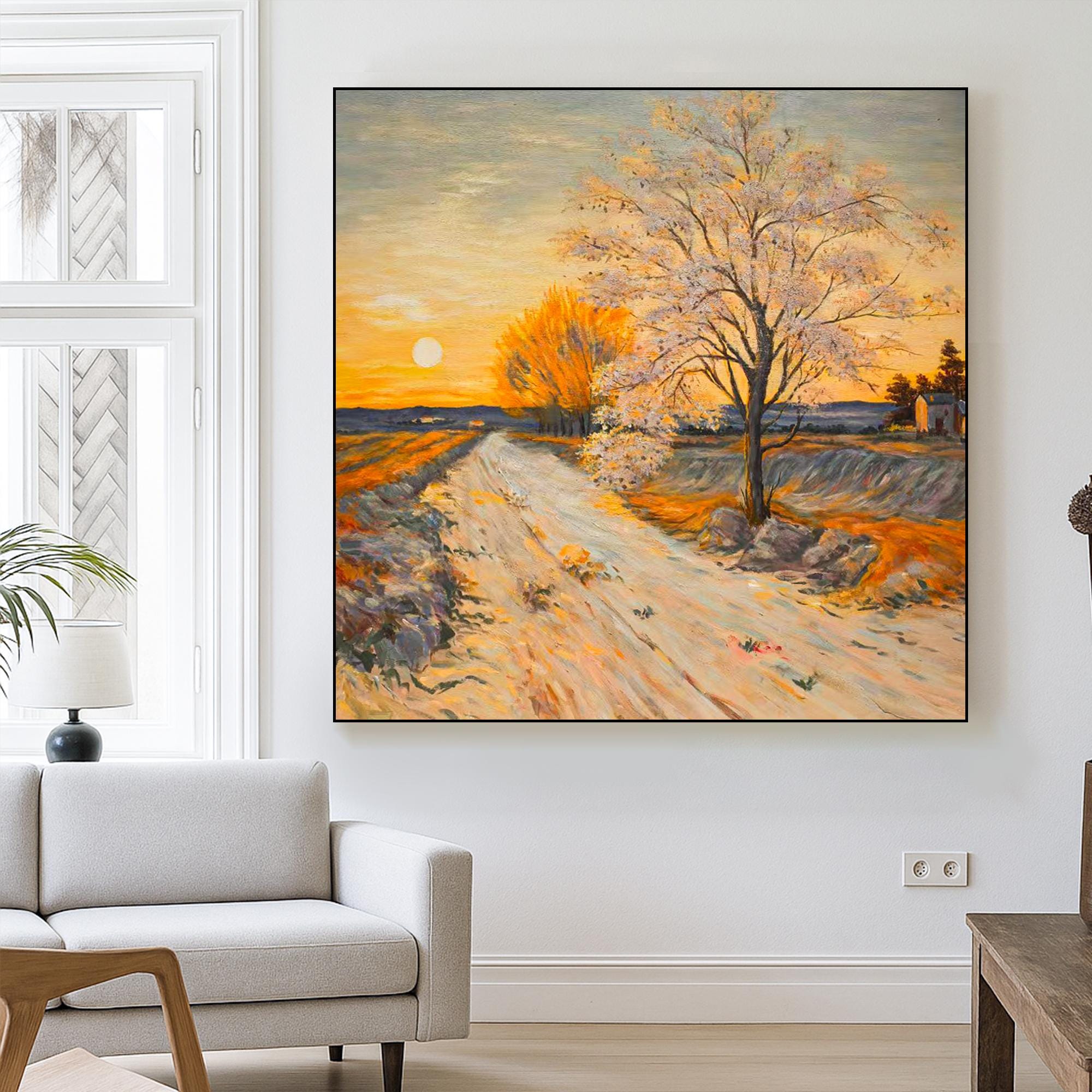 Original Sunset Landscape Oil Painting Hand Painted Golden Tree Road Scene Wall Art Warm Autumn Path Canvas for Rustic Nature Inspired Decor