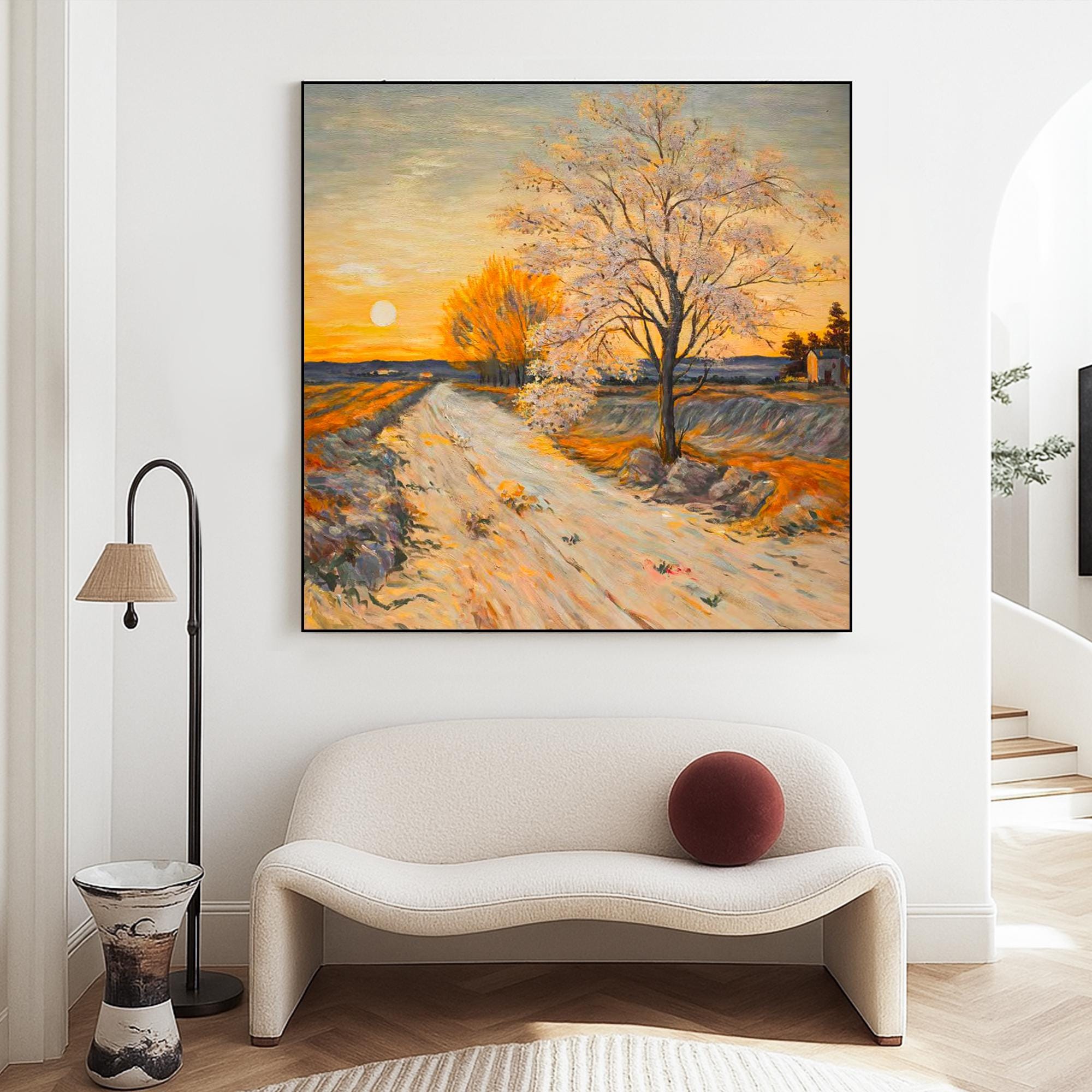 Original Sunset Landscape Oil Painting Hand Painted Golden Tree Road Scene Wall Art Warm Autumn Path Canvas for Rustic Nature Inspired Decor