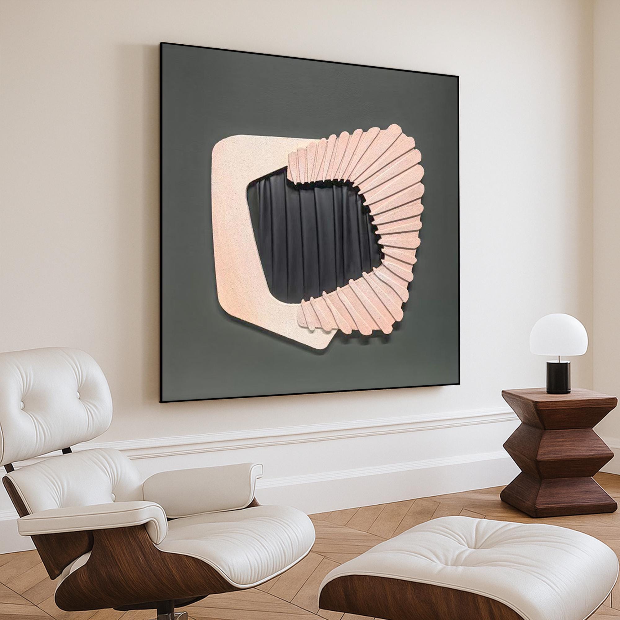 Original Modern 3D Abstract Geometric Painting on Canvas  Minimal Sculptural Wall Art in Neutral Pink and Black Textured Square Decor Piece