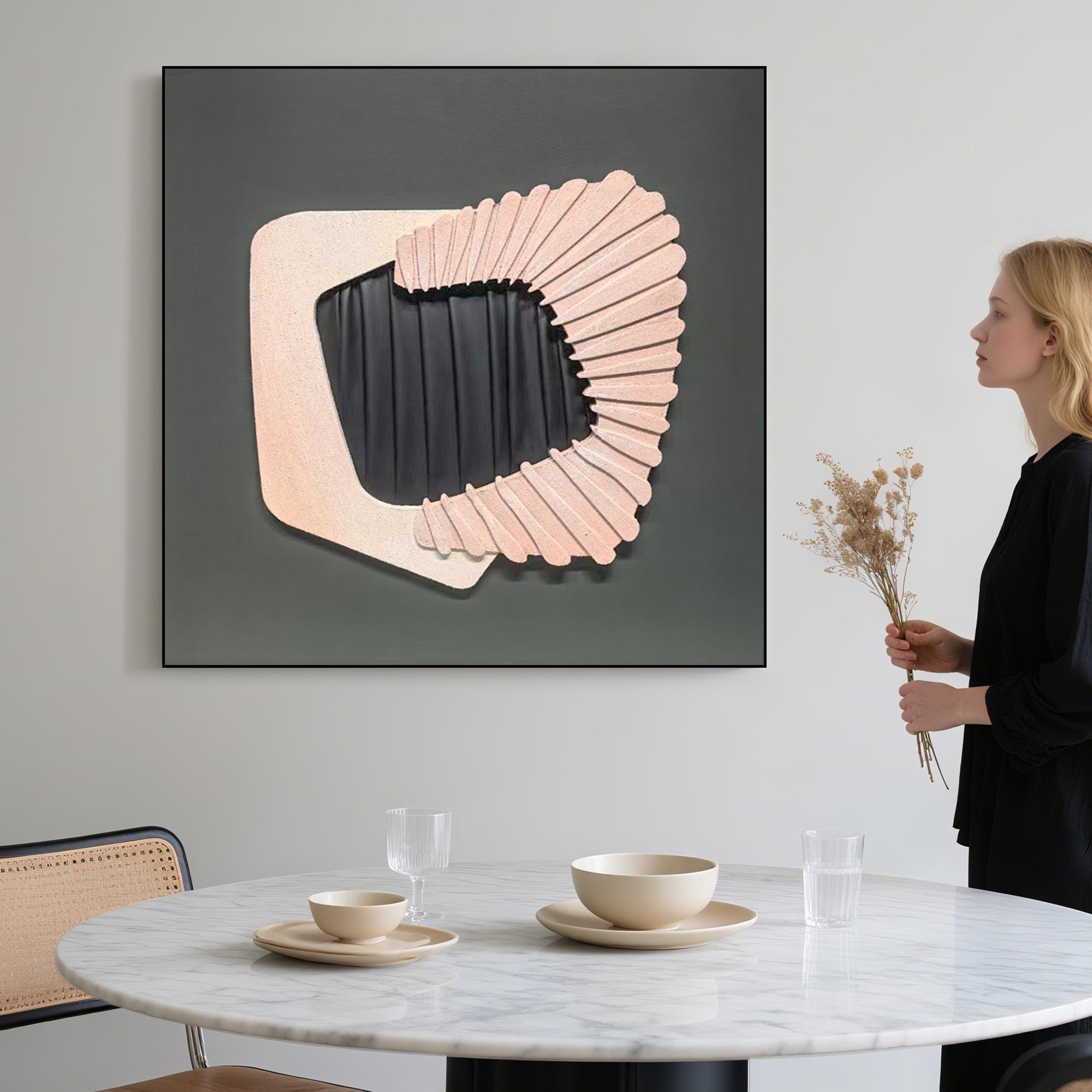 Original Modern 3D Abstract Geometric Painting on Canvas  Minimal Sculptural Wall Art in Neutral Pink and Black Textured Square Decor Piece