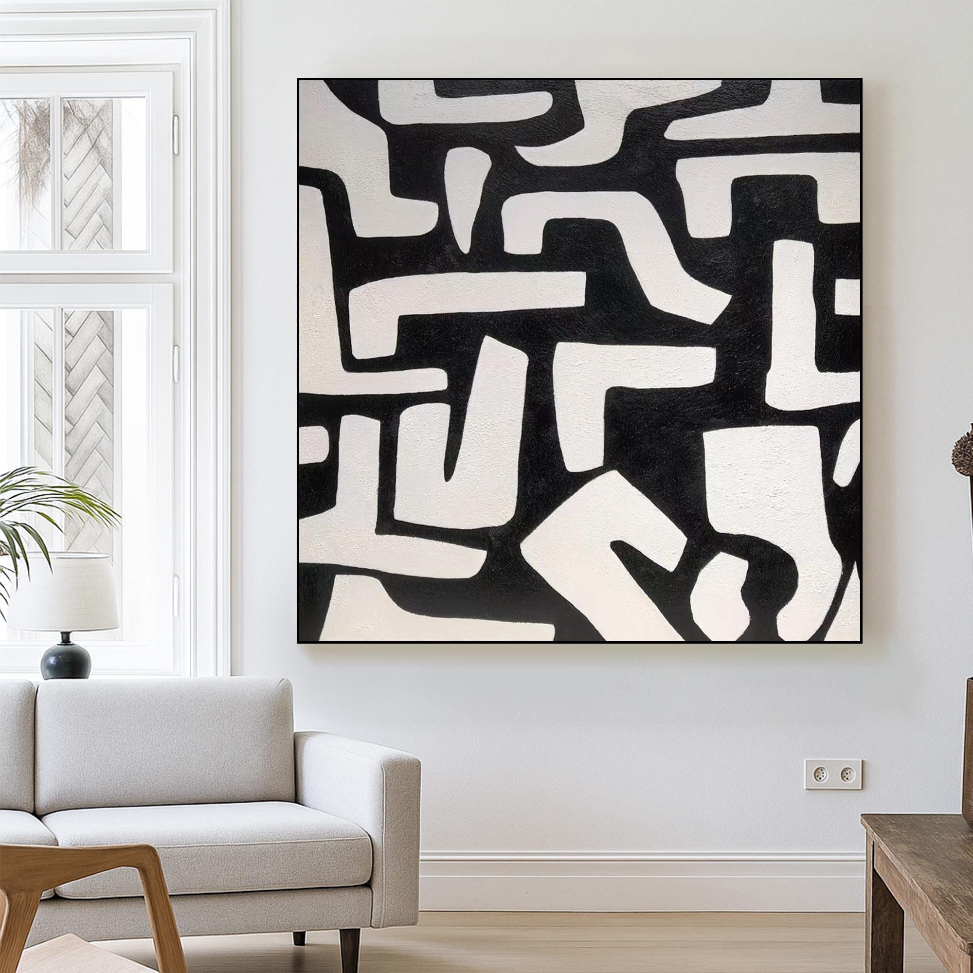Original Black and White Abstract Geometric Wall Art Hand Painted Modern Minimalist Canvas |Monochrome Texture Art for Contemporary Decor