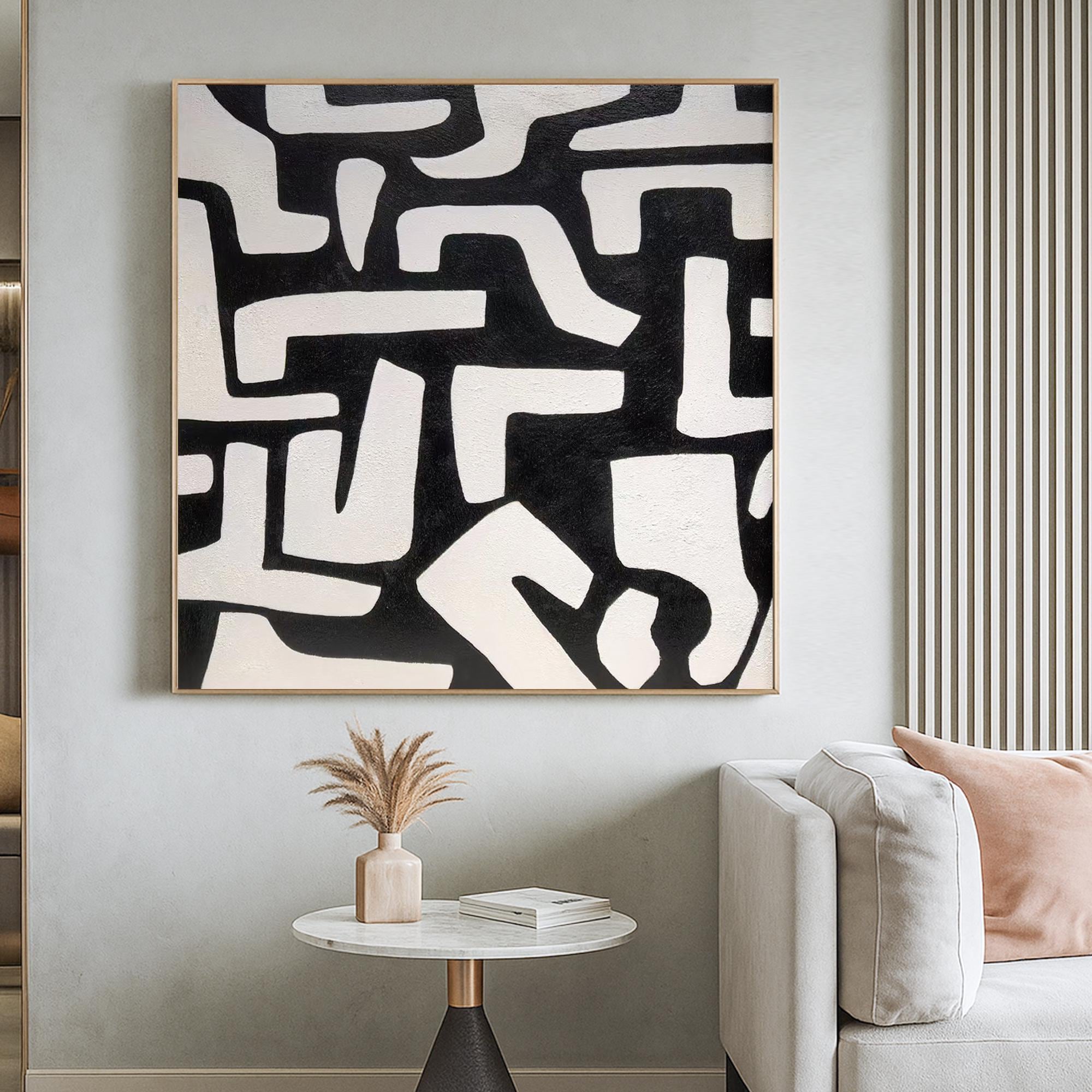 Original Black and White Abstract Geometric Wall Art Hand Painted Modern Minimalist Canvas |Monochrome Texture Art for Contemporary Decor