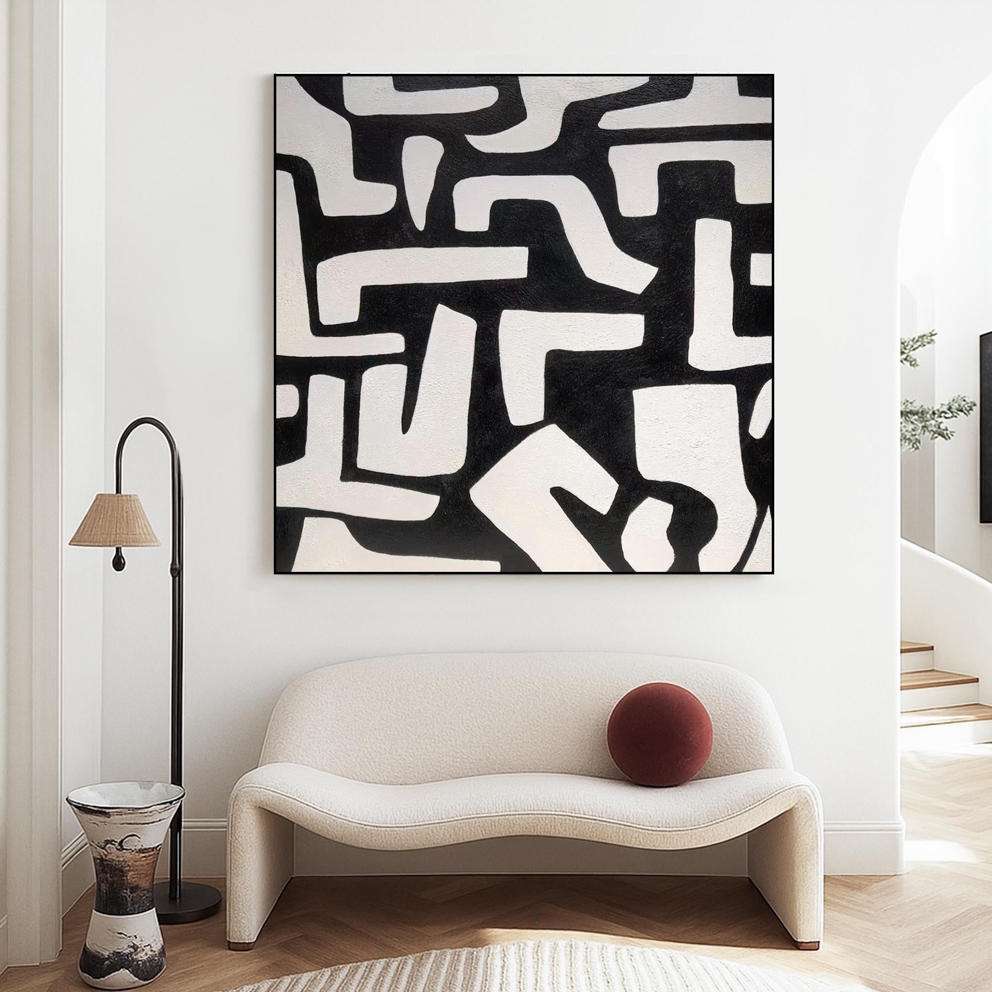 Original Black and White Abstract Geometric Wall Art Hand Painted Modern Minimalist Canvas |Monochrome Texture Art for Contemporary Decor