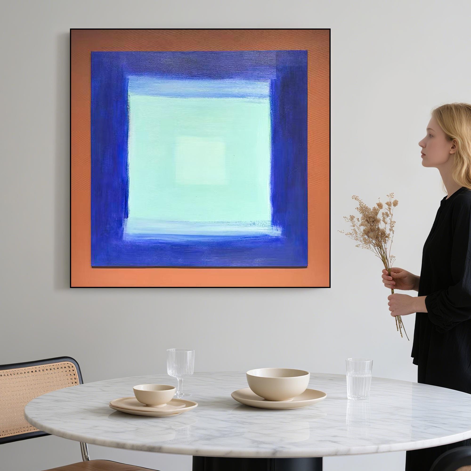 Color Field Abstract Minimalist Painting | Original Hand Painted Blue Gradient Square Wall Art | Modern Meditative Canvas for Calm Interiors