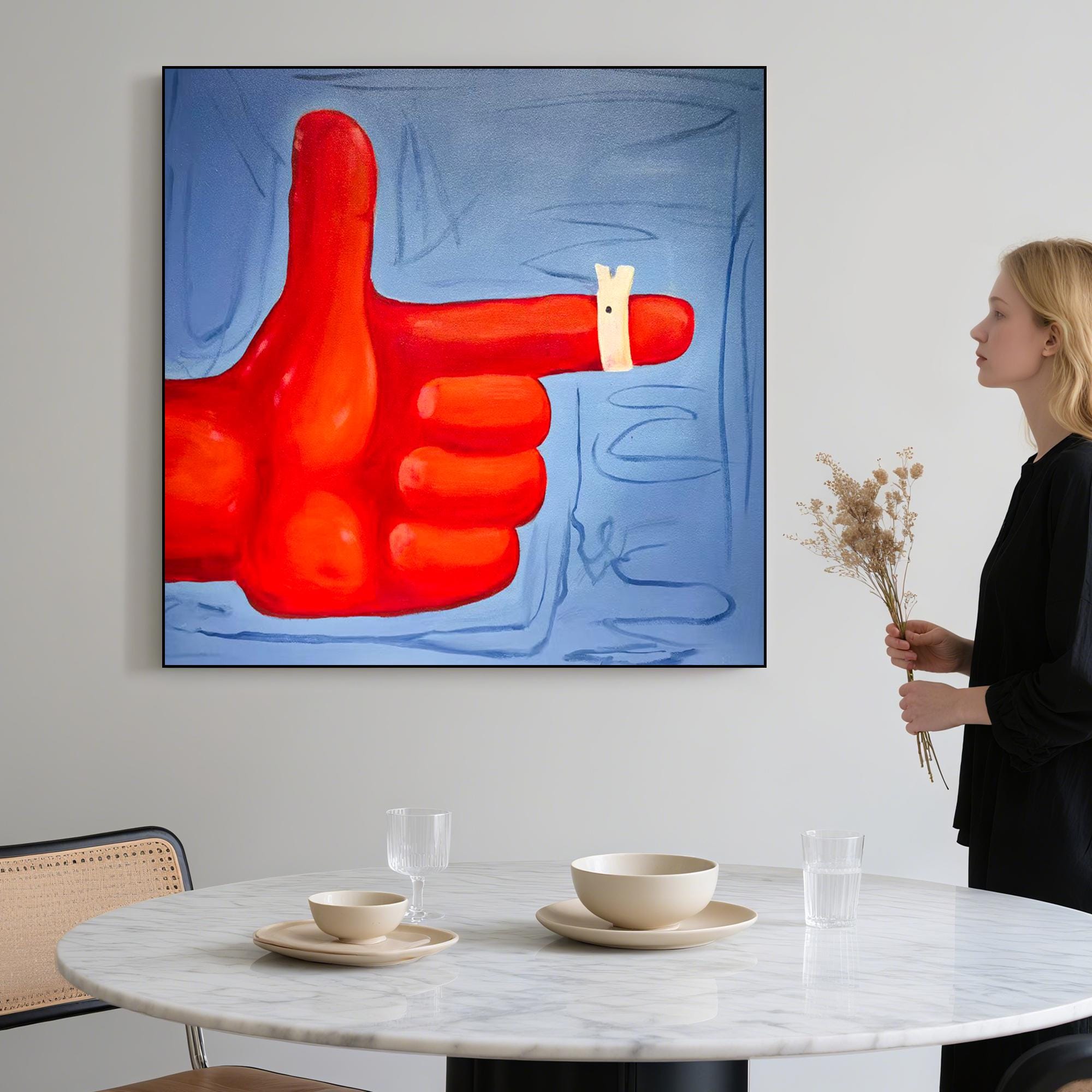 Bold Pop Art Original Painting | Surreal Red Hand Artwork with Whimsical Detail | Vibrant Modern Wall Decor for Playful Living Spaces