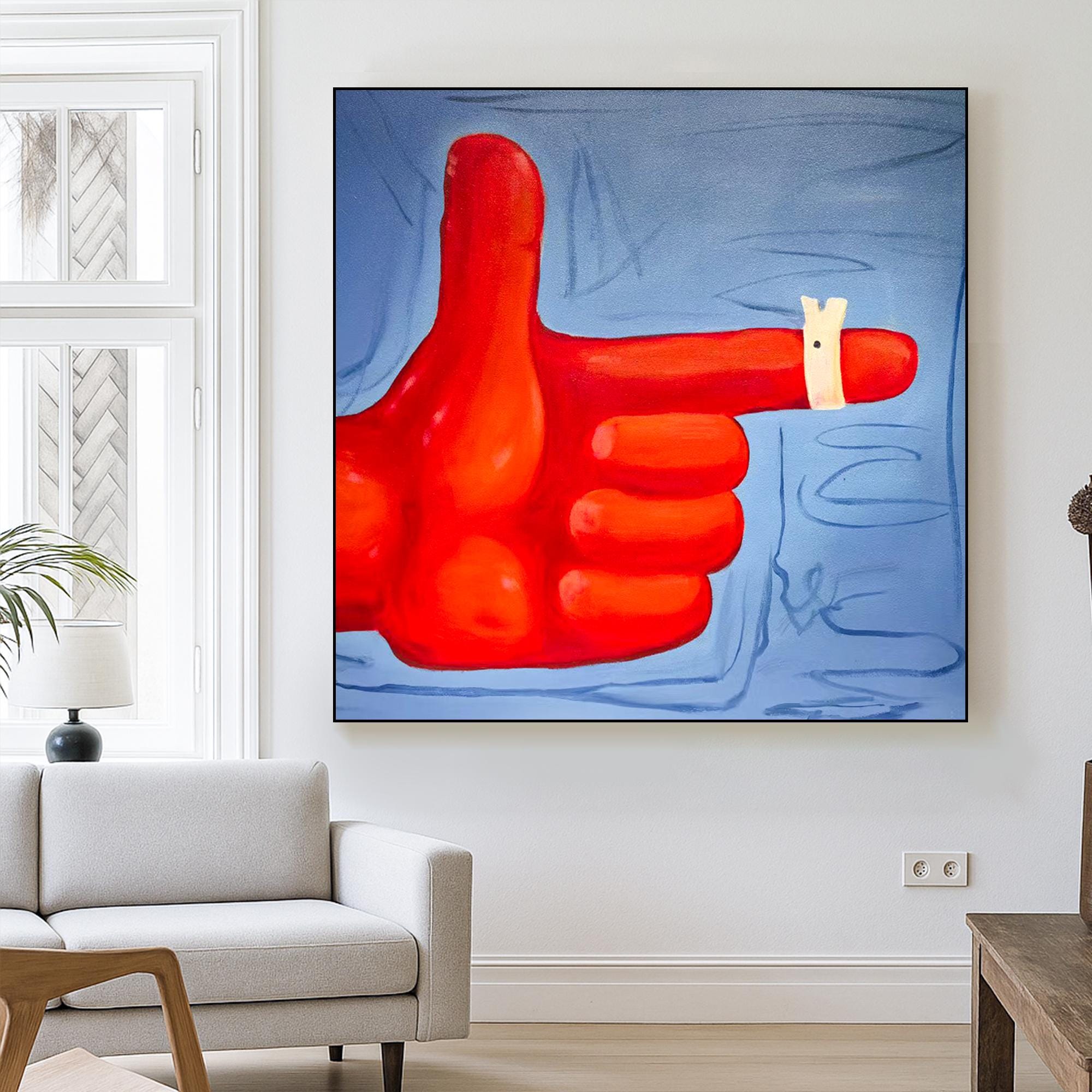 Bold Pop Art Original Painting | Surreal Red Hand Artwork with Whimsical Detail | Vibrant Modern Wall Decor for Playful Living Spaces