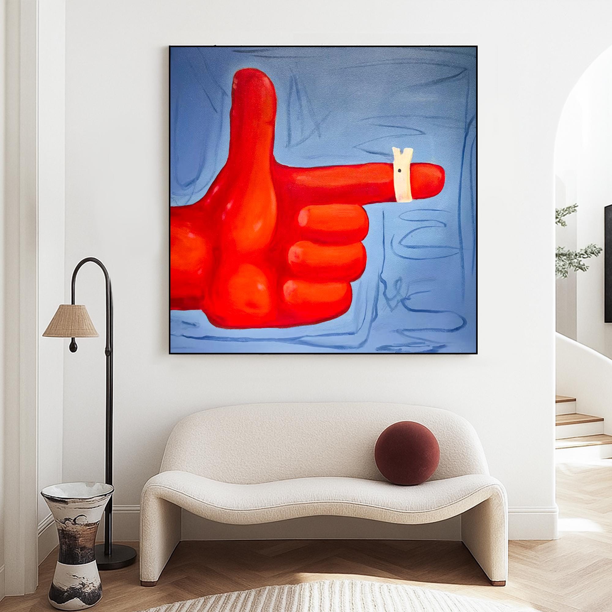 Bold Pop Art Original Painting | Surreal Red Hand Artwork with Whimsical Detail | Vibrant Modern Wall Decor for Playful Living Spaces