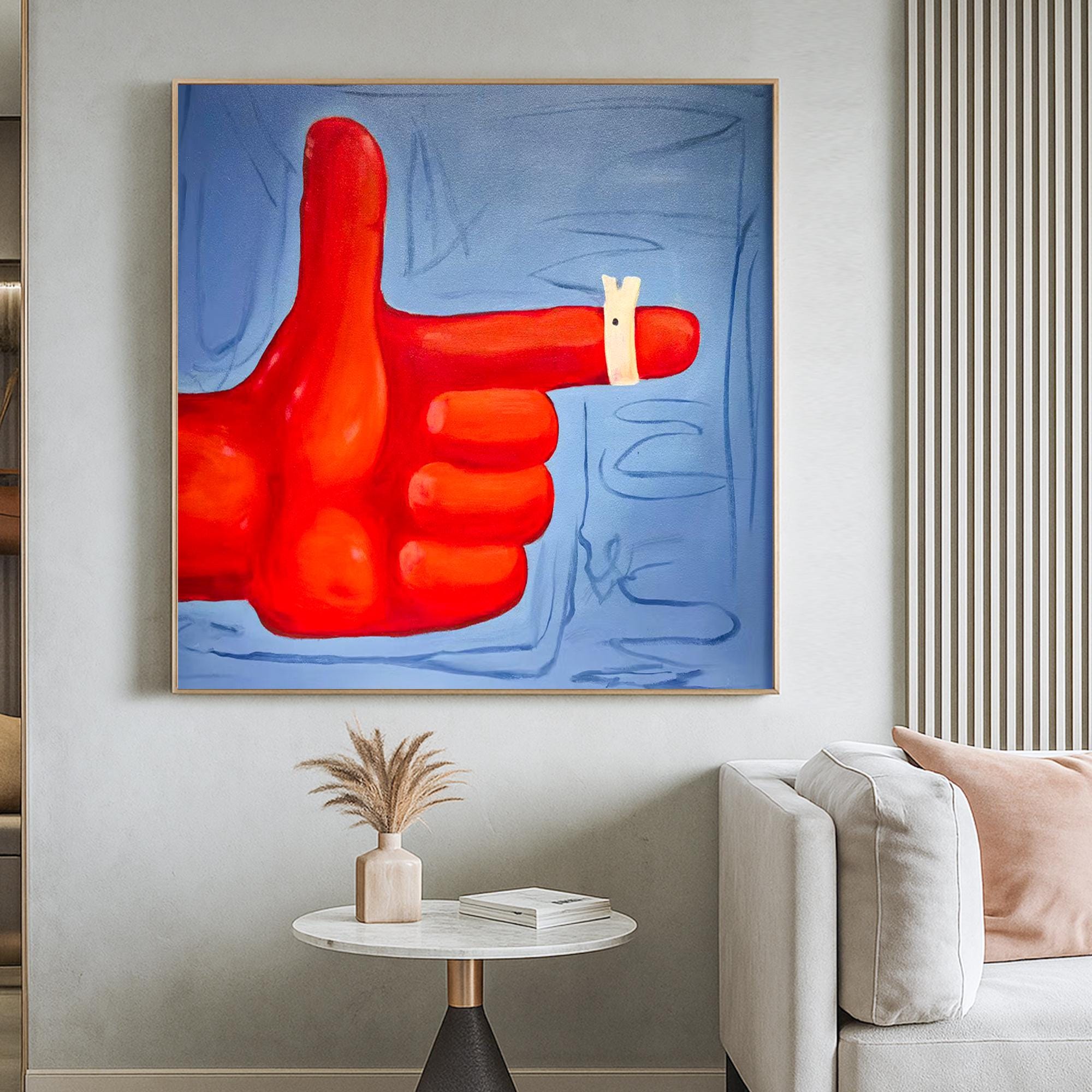 Bold Pop Art Original Painting | Surreal Red Hand Artwork with Whimsical Detail | Vibrant Modern Wall Decor for Playful Living Spaces