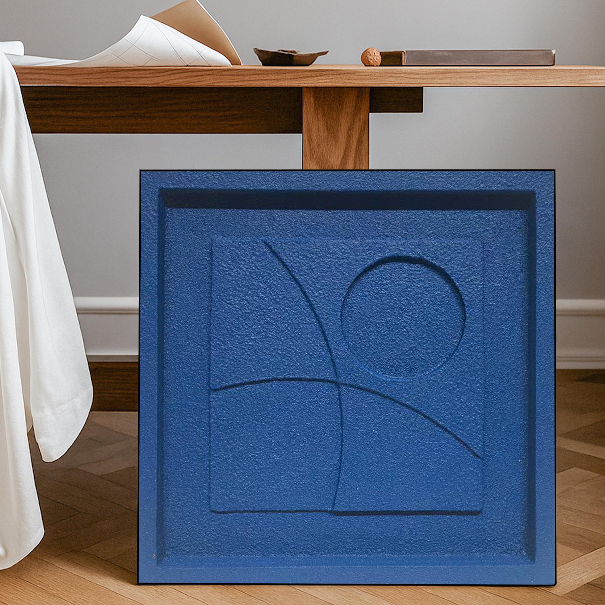 Minimalist Blue Textured Geometric Wall Art | Original Monochrome Relief Painting on Canvas | Handmade Modern Abstract Square Decor