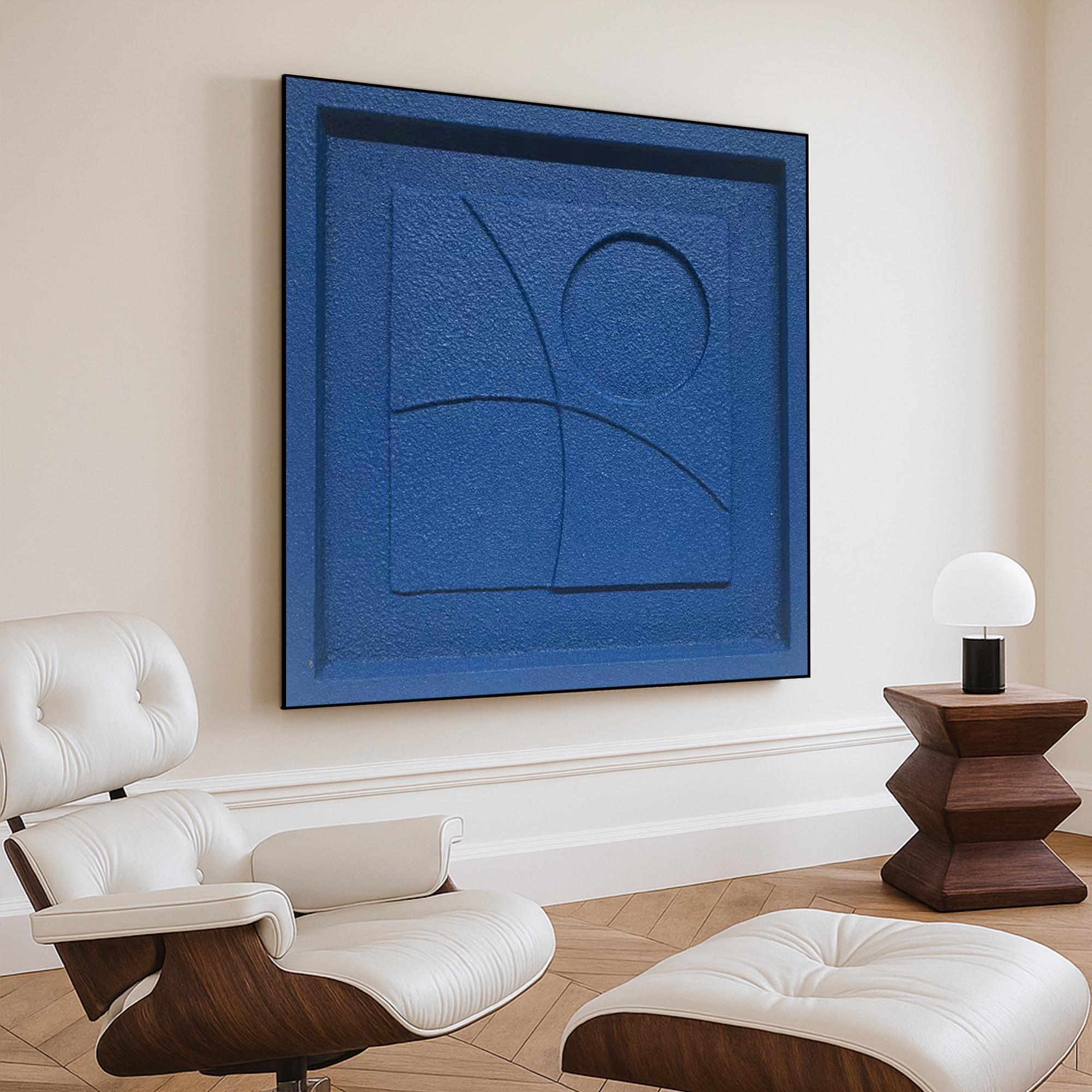 Minimalist Blue Textured Geometric Wall Art | Original Monochrome Relief Painting on Canvas | Handmade Modern Abstract Square Decor