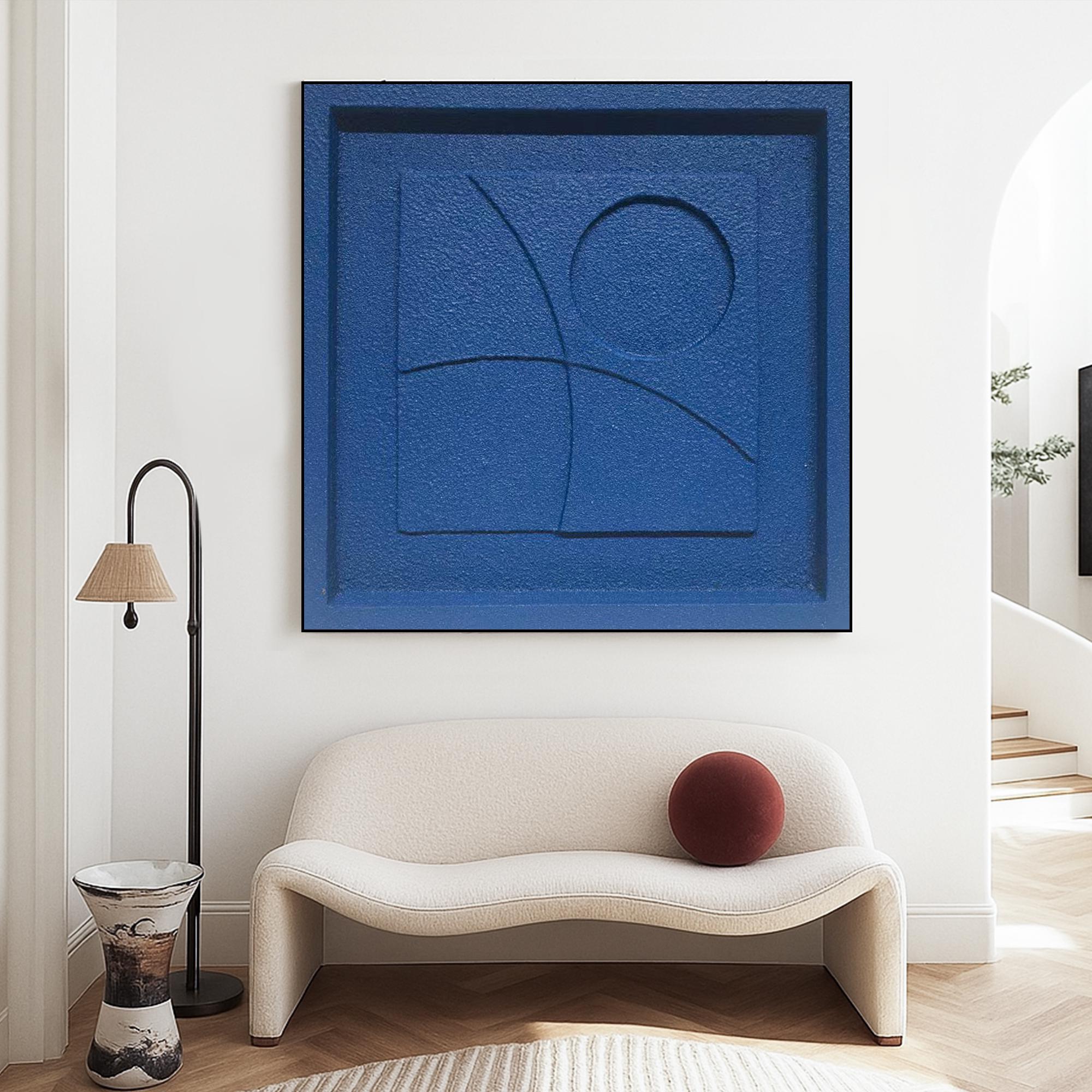 Minimalist Blue Textured Geometric Wall Art | Original Monochrome Relief Painting on Canvas | Handmade Modern Abstract Square Decor
