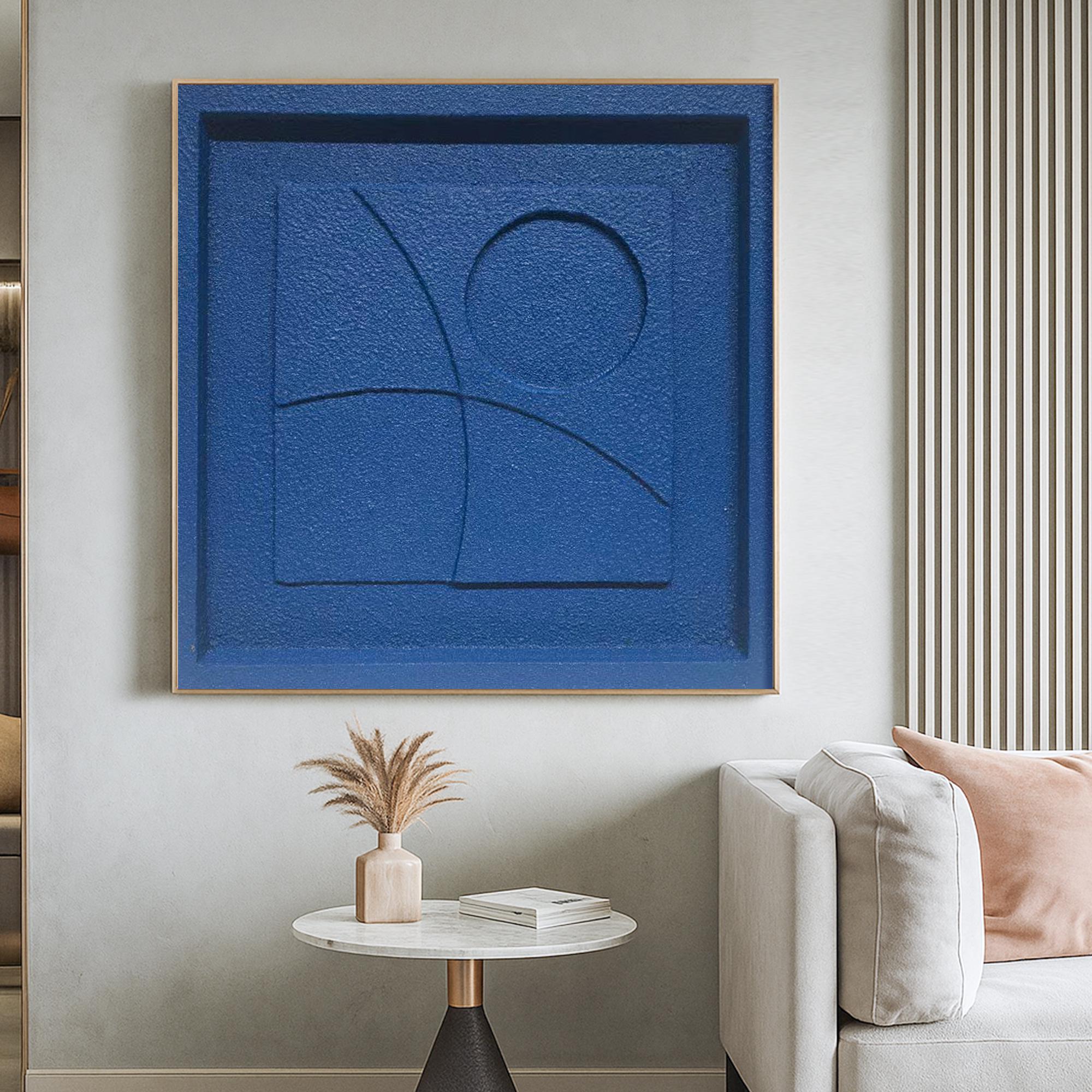 Minimalist Blue Textured Geometric Wall Art | Original Monochrome Relief Painting on Canvas | Handmade Modern Abstract Square Decor