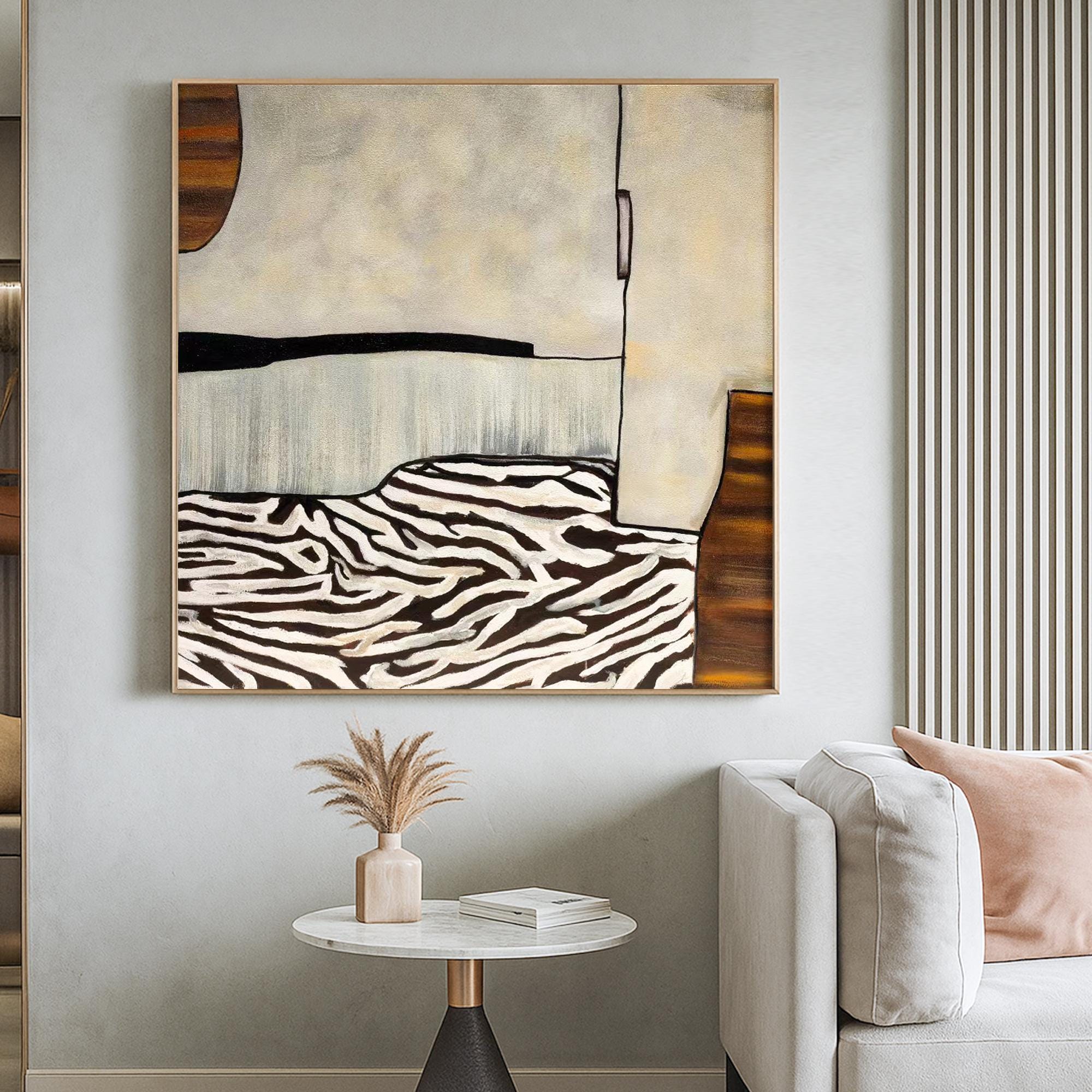 Neutral Abstract Zebra Texture Oil Painting | Original Hand Painted Modern Art Canvas | Beige Wall Decor for Minimalist Earth Tone Interiors