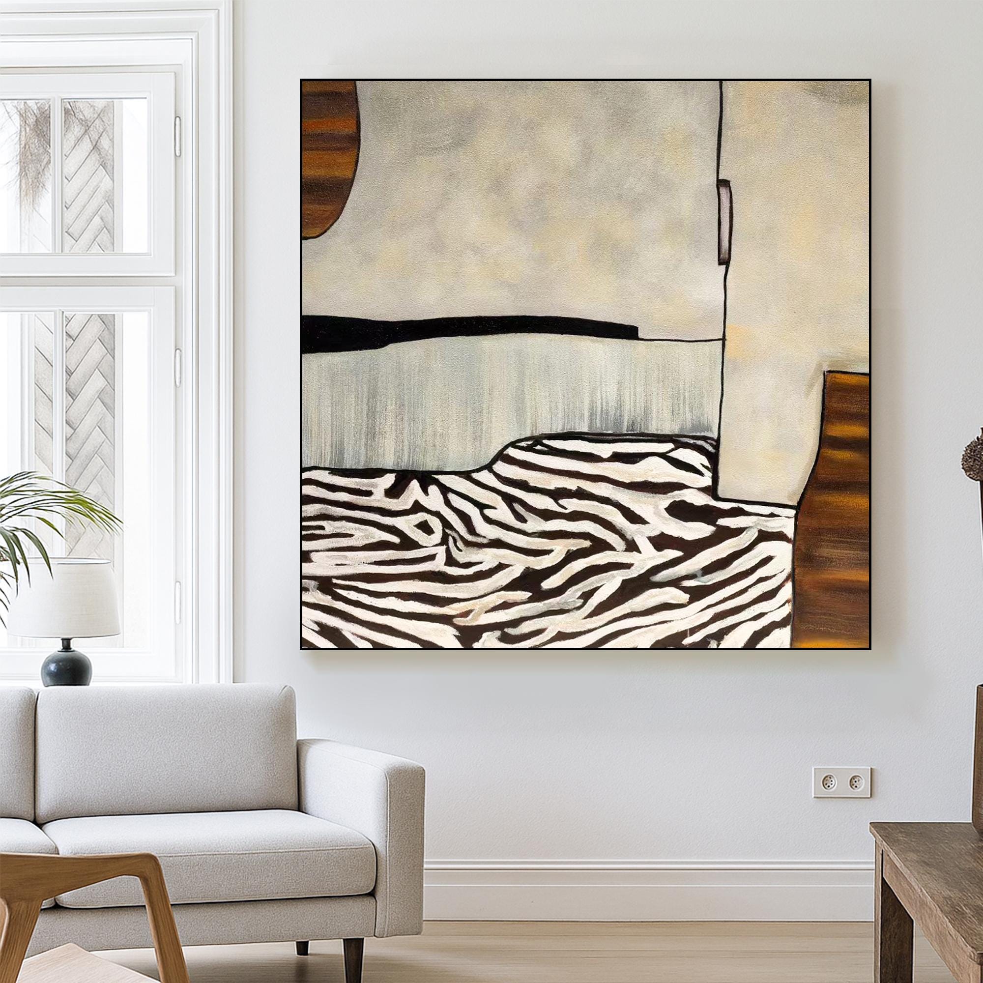 Neutral Abstract Zebra Texture Oil Painting | Original Hand Painted Modern Art Canvas | Beige Wall Decor for Minimalist Earth Tone Interiors