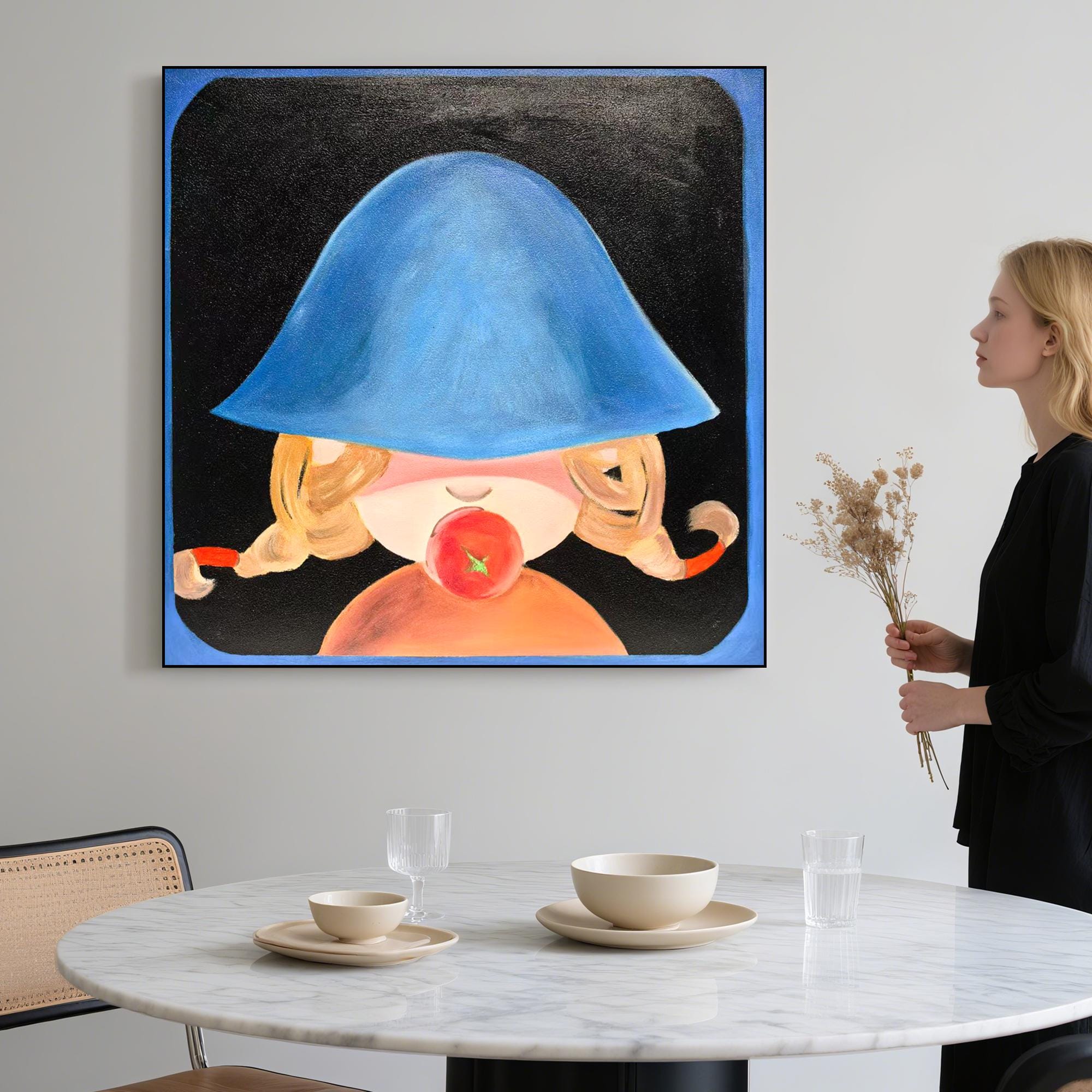 Whimsical Girl With Tomato Art | Hand Painted Original Oil Painting On Canvas | Cute Modern Wall Art For Kids Room Or Playful Home Decor