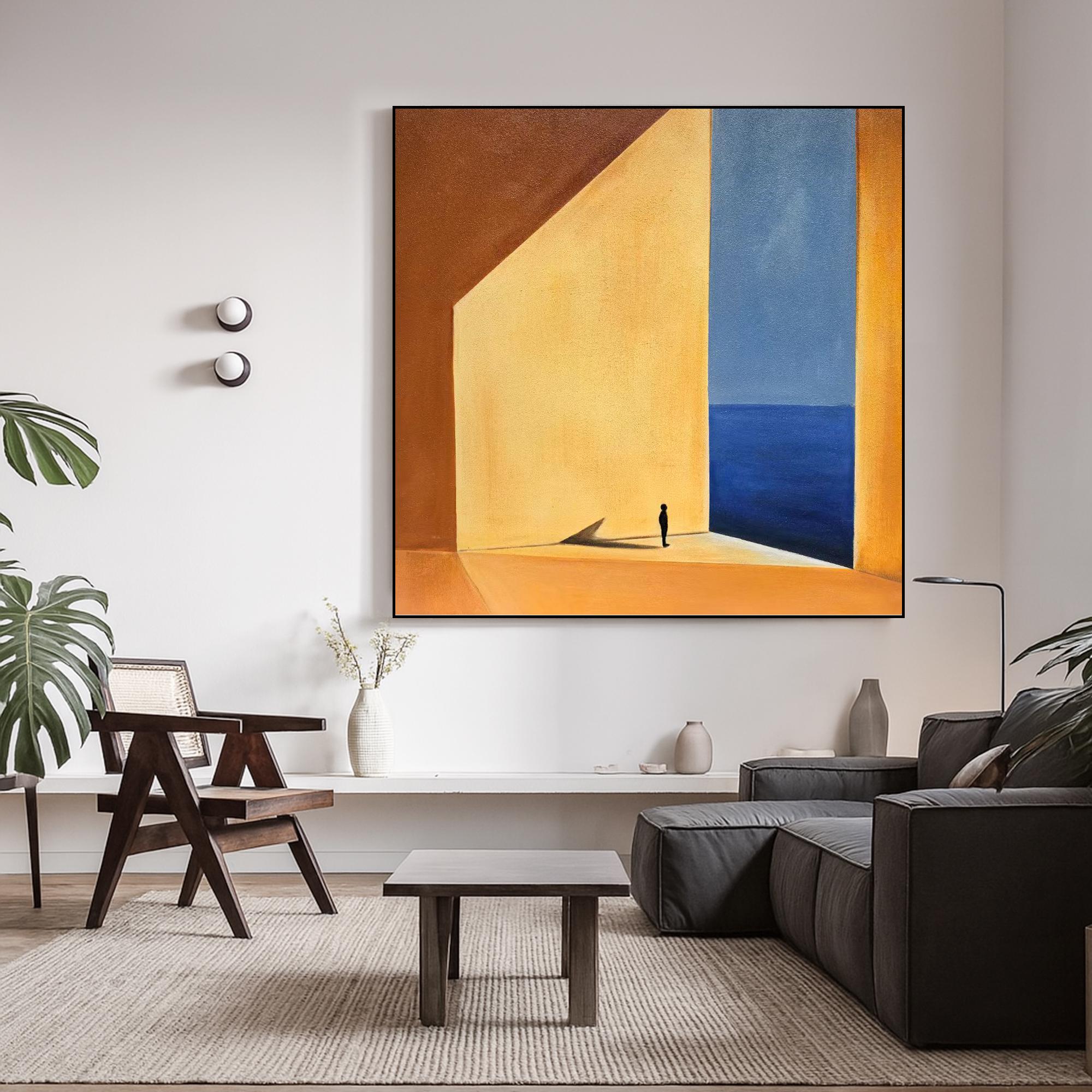 Minimalist Ocean View Oil Painting | Surreal Landscape Wall Art With Small Figure | Original Hand Painted Canvas For Modern Home Decor