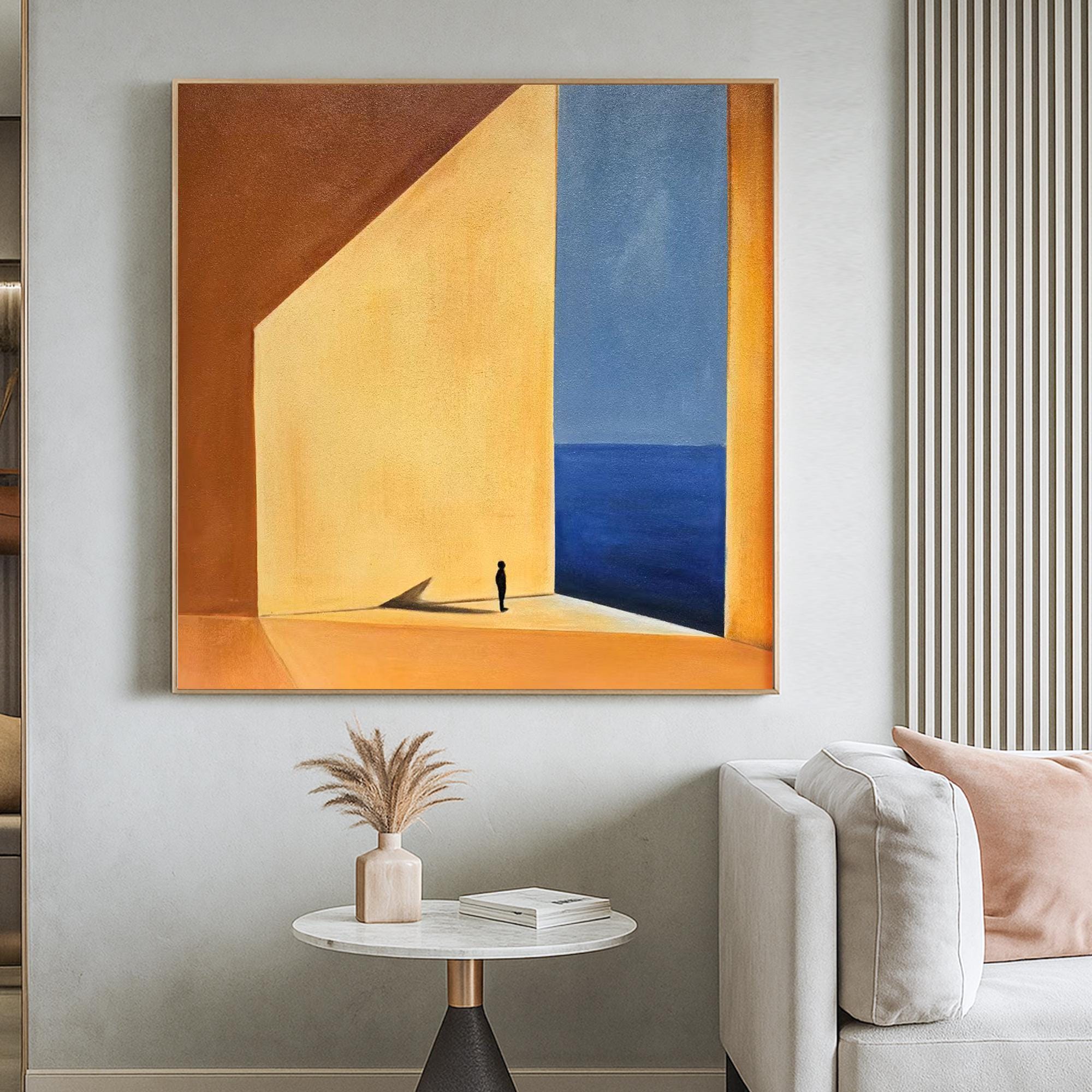 Minimalist Ocean View Oil Painting | Surreal Landscape Wall Art With Small Figure | Original Hand Painted Canvas For Modern Home Decor