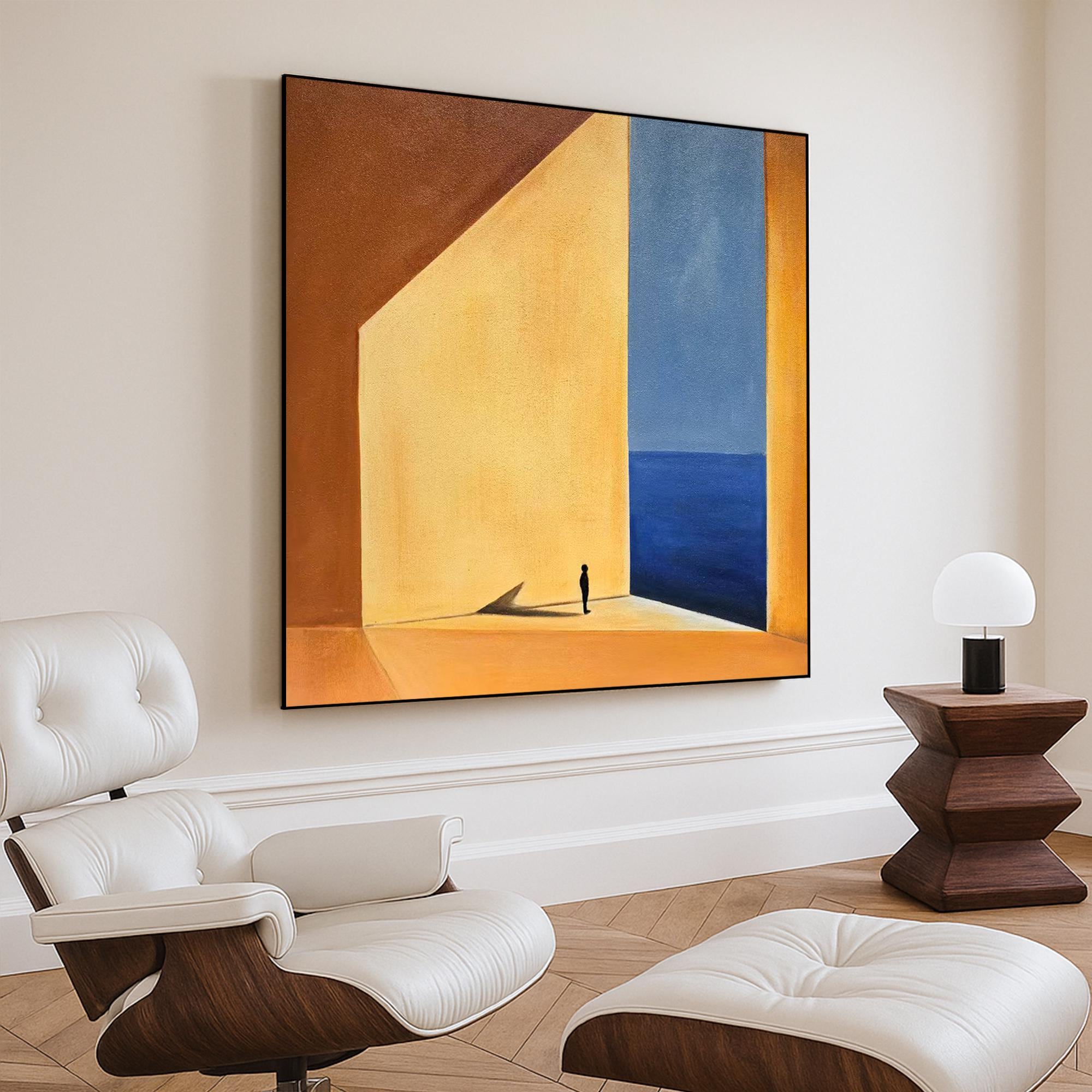 Minimalist Ocean View Oil Painting | Surreal Landscape Wall Art With Small Figure | Original Hand Painted Canvas For Modern Home Decor