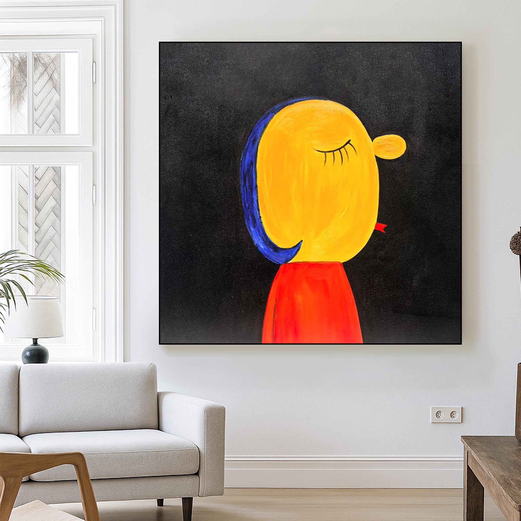 Minimalist Abstract Portrait Painting on Canvas, Modern Whimsical Girl Wall Art, Bold Colorful Face Art for Creative Kids Room Decor