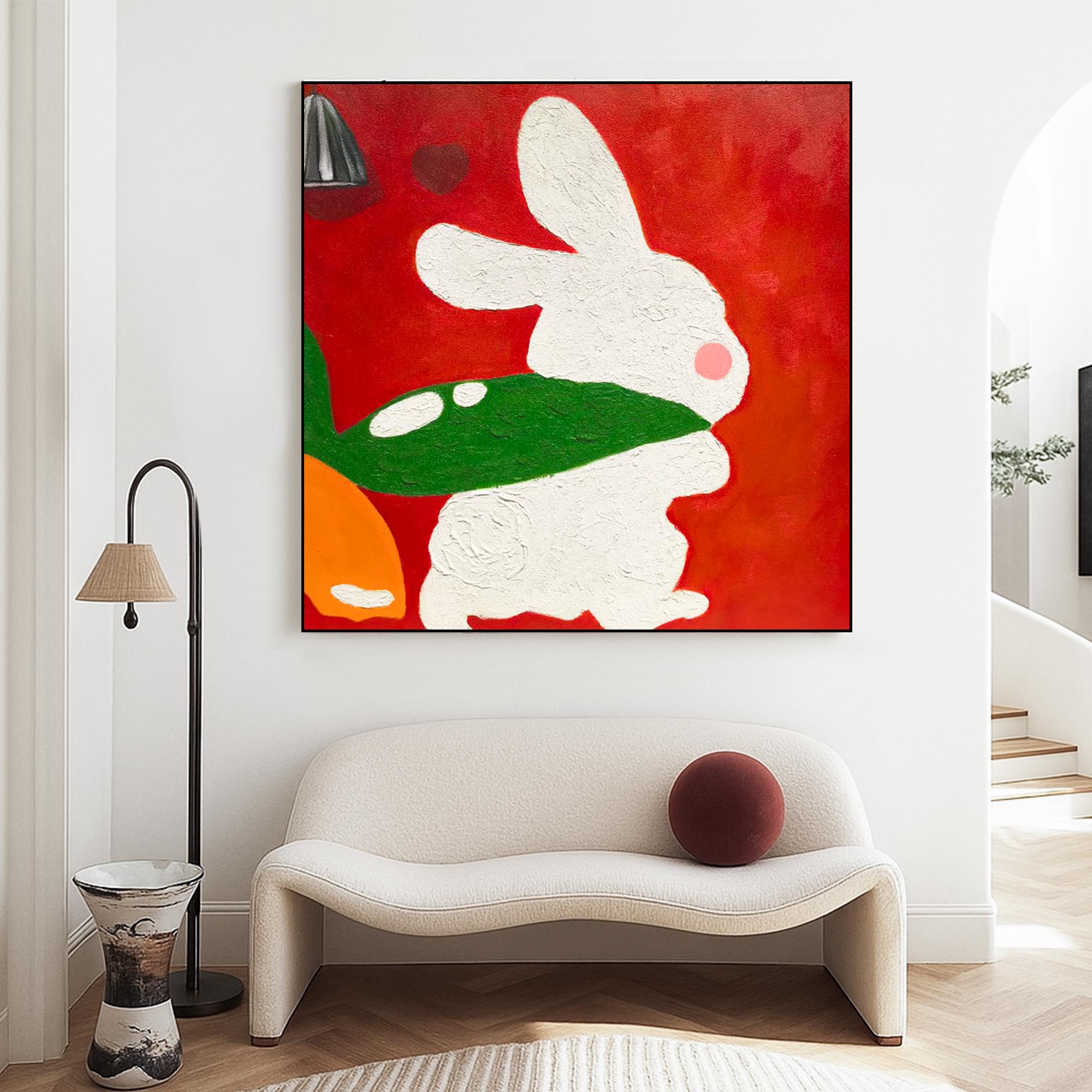 Textured Bunny Wall Art Original Oil Painting on Canvas, Cute White Rabbit Artwork for Nursery Room, Bold Red Animal Decor for Holiday Gift