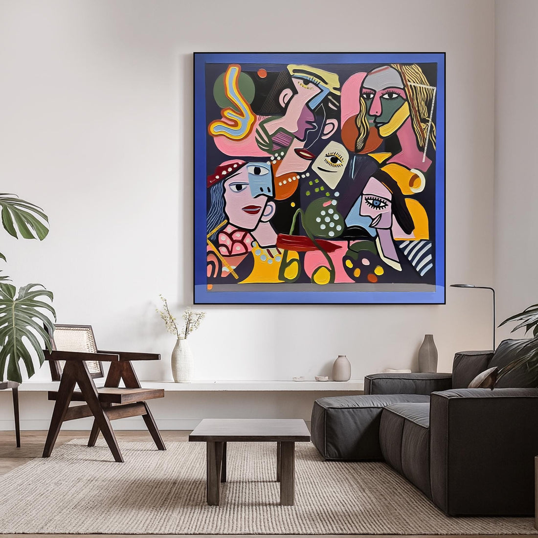 The image is a vibrant and colorful abstract artwork featuring a variety of stylized human faces and shapes in a mix of bold colors and patterns.