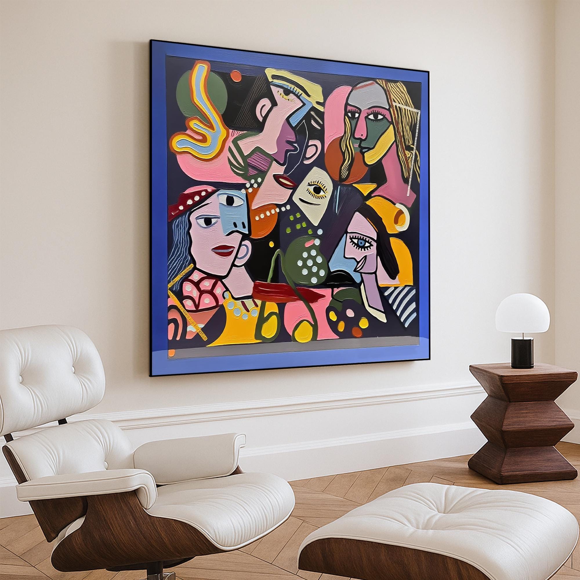 Cubist Portrait Painting on Canvas, Original Bold Figurative Wall Art, Hand Painted Abstract Faces Artwork for Modern Eclectic Decor