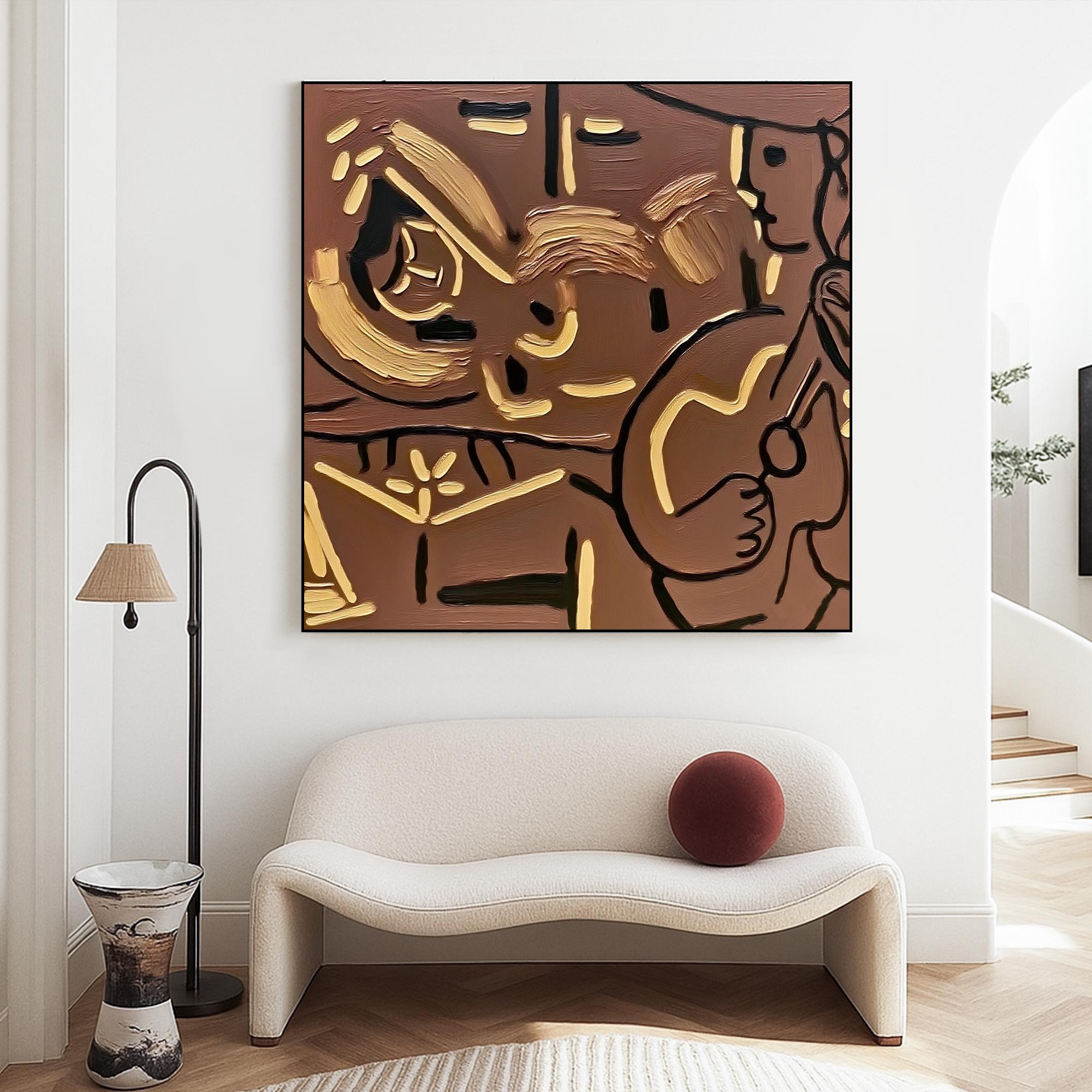 Guitar Player Painting on Canvas, Textured Brown and Gold Modern Oil Artwork, Hand Painted Minimalist Musician Wall Art for Studio Decor
