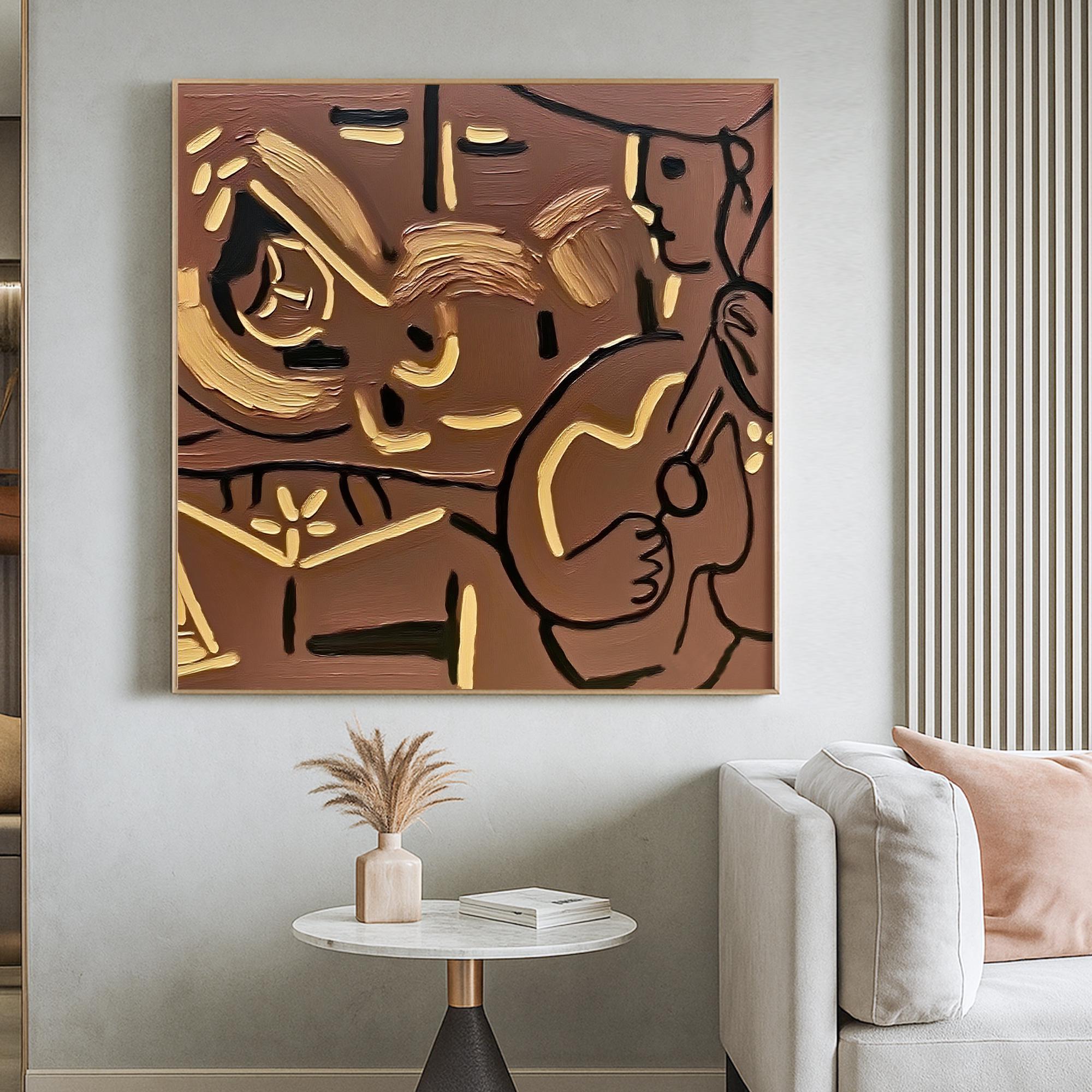 Guitar Player Painting on Canvas, Textured Brown and Gold Modern Oil Artwork, Hand Painted Minimalist Musician Wall Art for Studio Decor