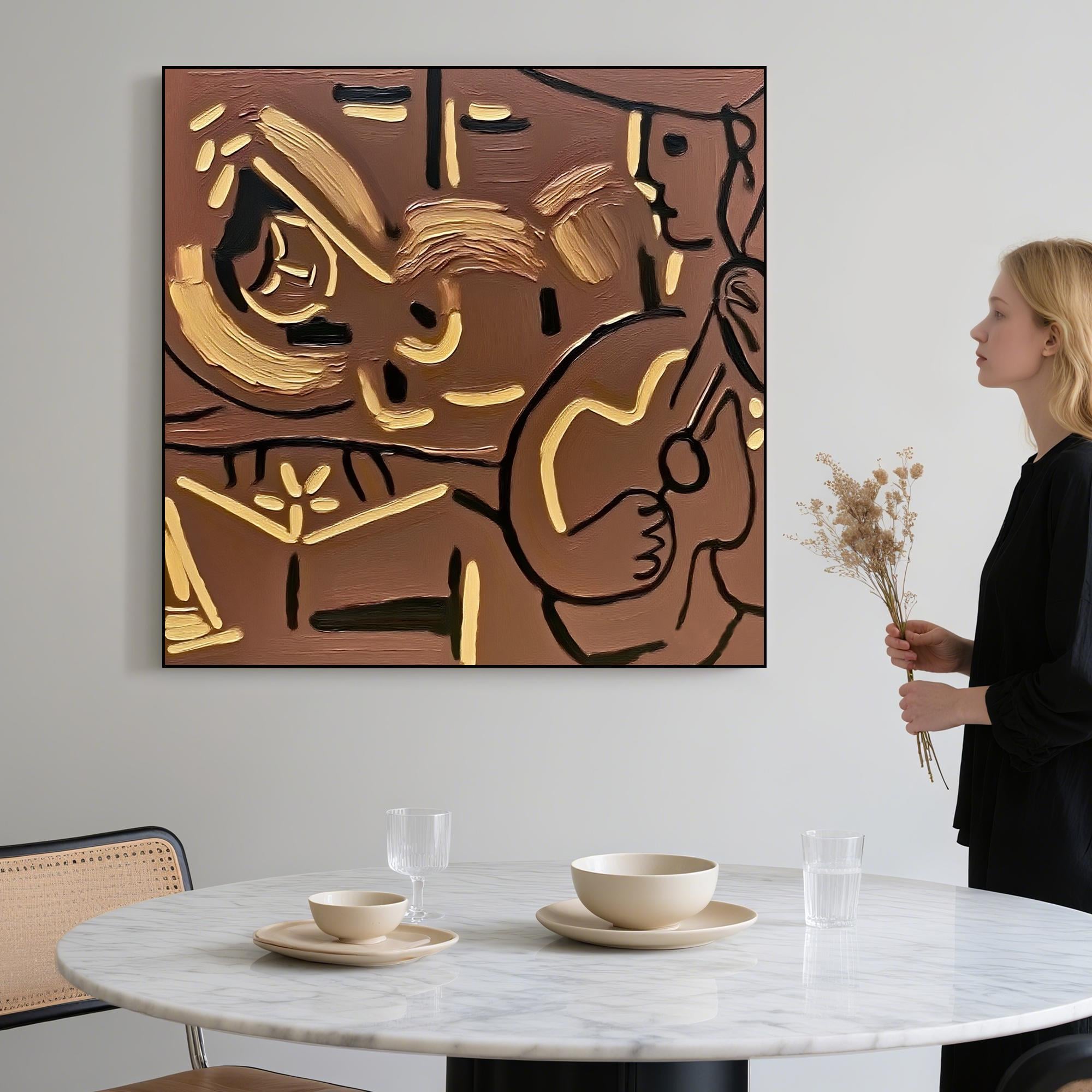 Guitar Player Painting on Canvas, Textured Brown and Gold Modern Oil Artwork, Hand Painted Minimalist Musician Wall Art for Studio Decor
