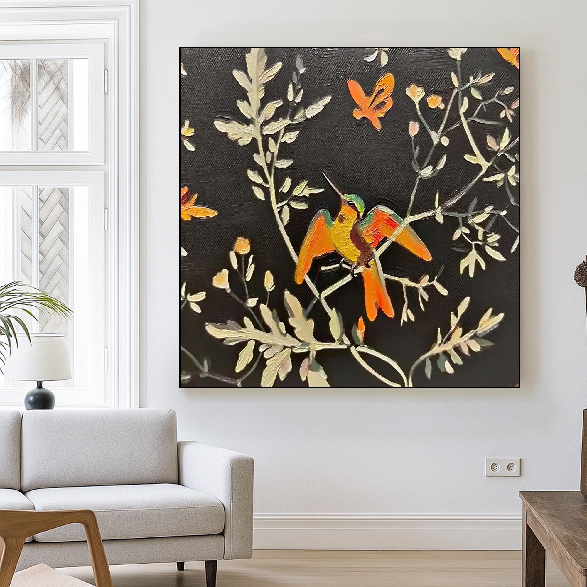 Hummingbird Oil Painting on Canvas, Textured Nature Wall Art with Dark Background, Hand Painted Bird and Floral Artwork for Cozy Home Decor