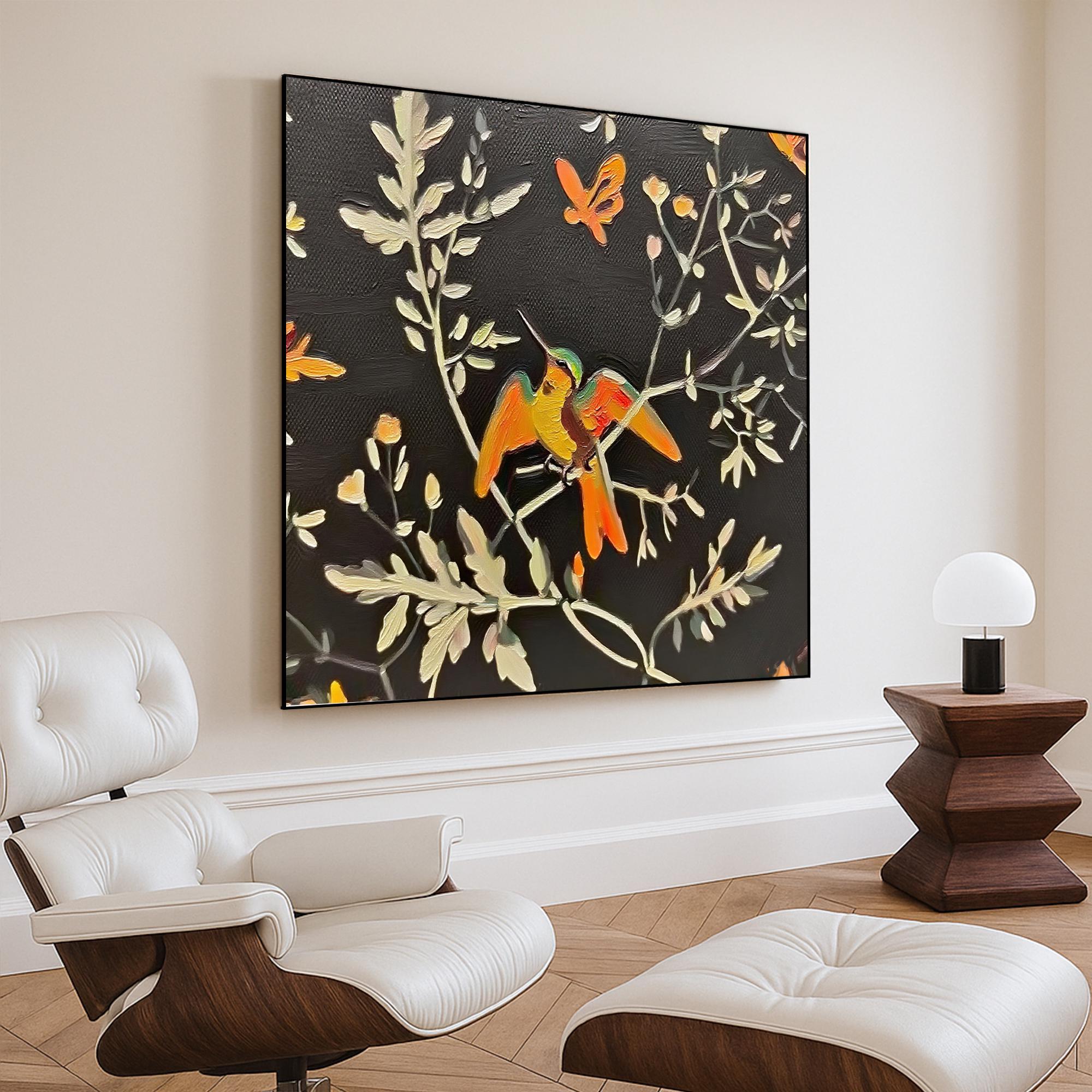 Hummingbird Oil Painting on Canvas, Textured Nature Wall Art with Dark Background, Hand Painted Bird and Floral Artwork for Cozy Home Decor