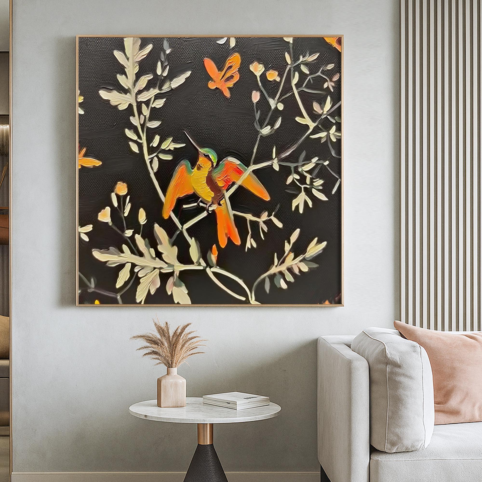 Hummingbird Oil Painting on Canvas, Textured Nature Wall Art with Dark Background, Hand Painted Bird and Floral Artwork for Cozy Home Decor